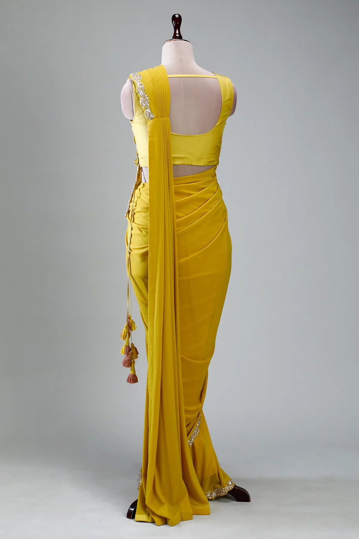 Yellow Embroidered Lycra Drape Saree (2-Piece) - Image 12