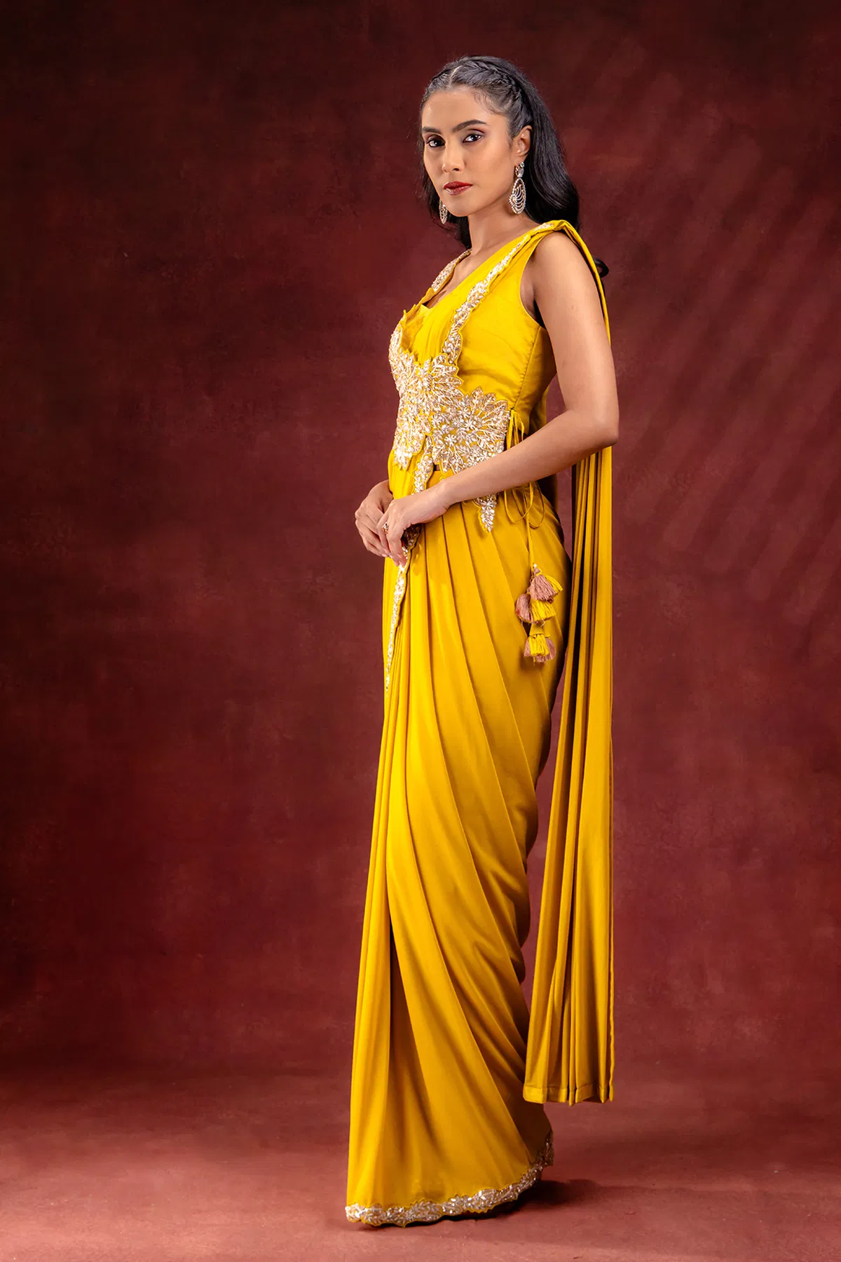 Yellow Embroidered Lycra Drape Saree (2-Piece) - Image 3