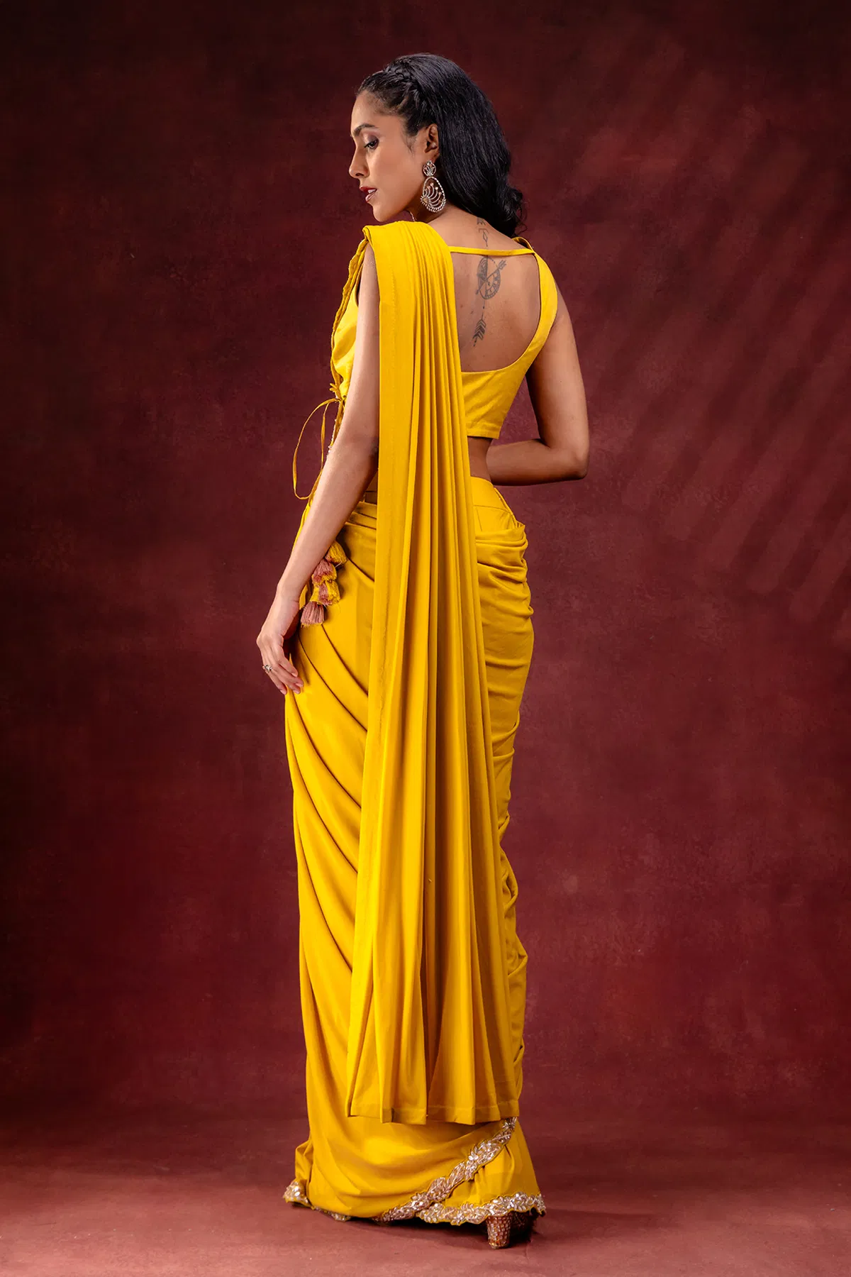 Yellow Embroidered Lycra Drape Saree (2-Piece) - Image 6