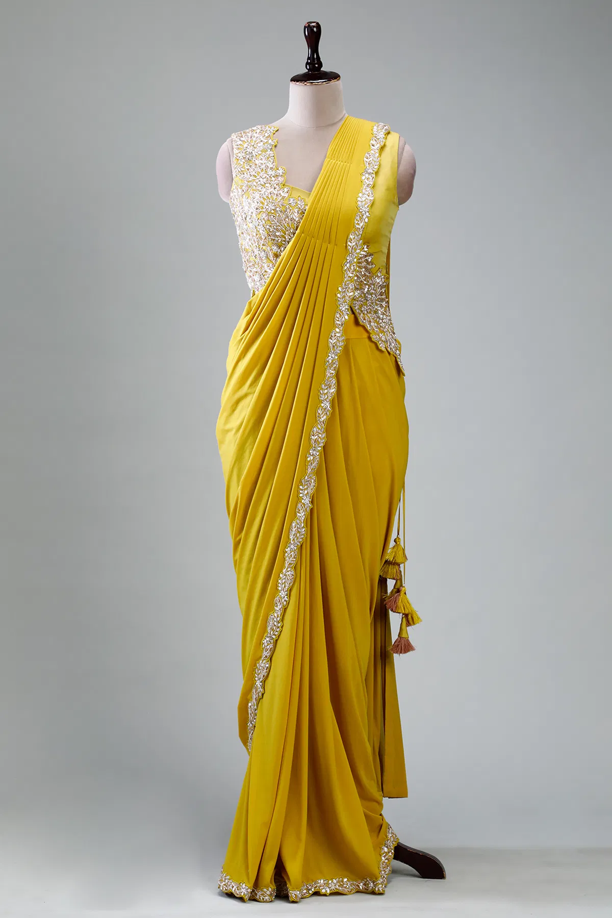 Yellow Embroidered Lycra Drape Saree (2-Piece) - Image 7