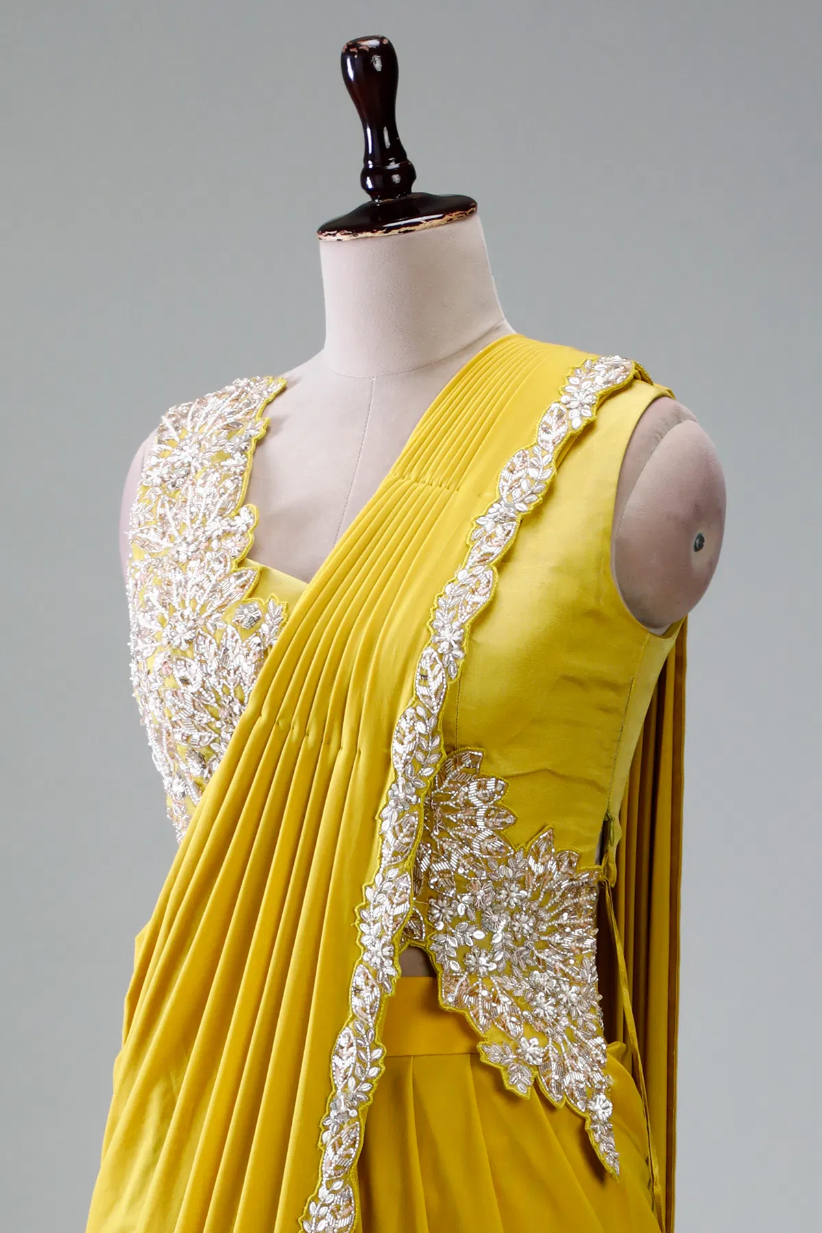 Yellow Embroidered Lycra Drape Saree (2-Piece) - Image 8