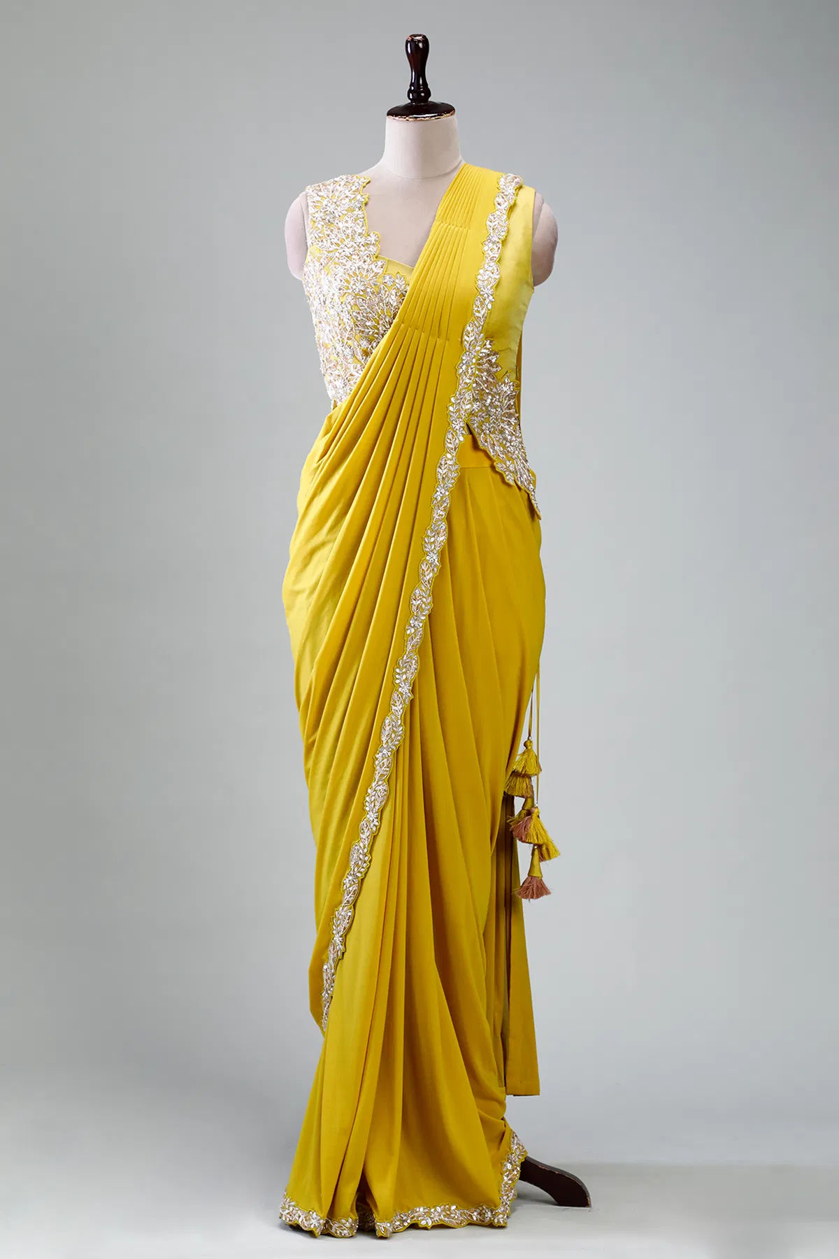 Yellow Embroidered Lycra Drape Saree (2-Piece) - Image 9