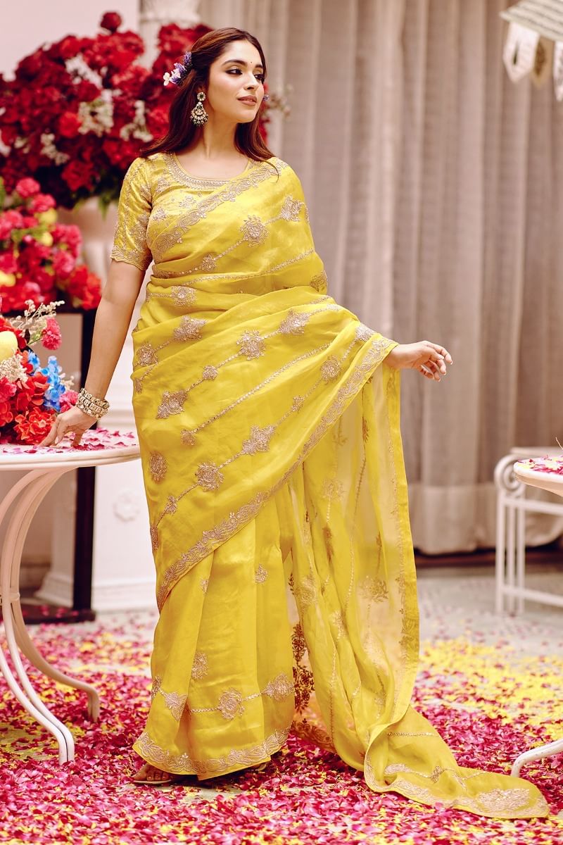Lemon Yellow Embroidered Organza Saree (2-Piece) - Image 1