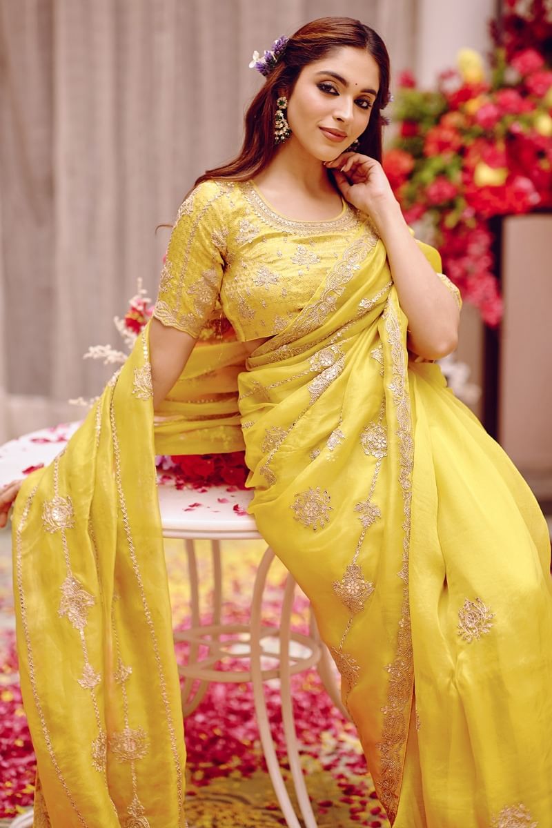 Lemon Yellow Embroidered Organza Saree (2-Piece) - Image 3