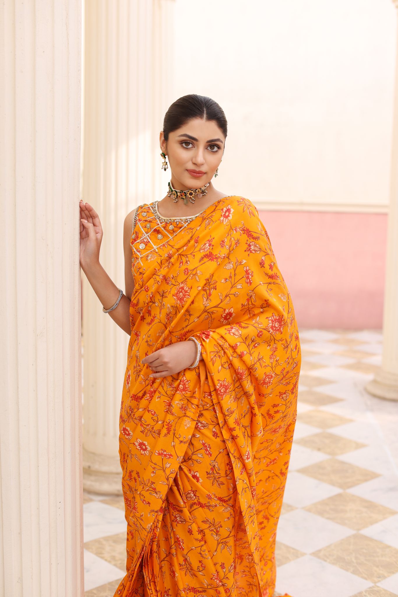 Pakistani Haldi Yellow Ada Work Pure Raw Silk Saree (2-Piece) - Image 1