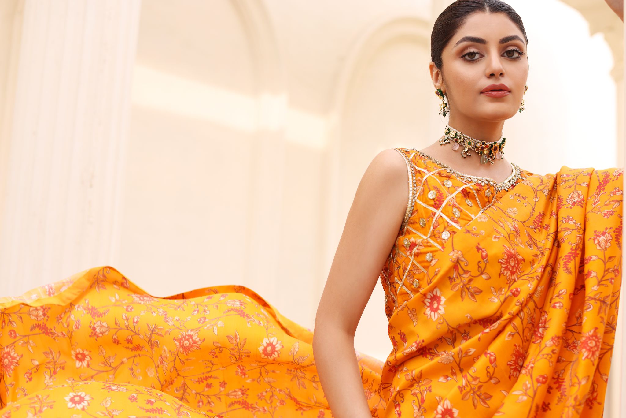 Pakistani Haldi Yellow Ada Work Pure Raw Silk Saree (2-Piece) - Image 2