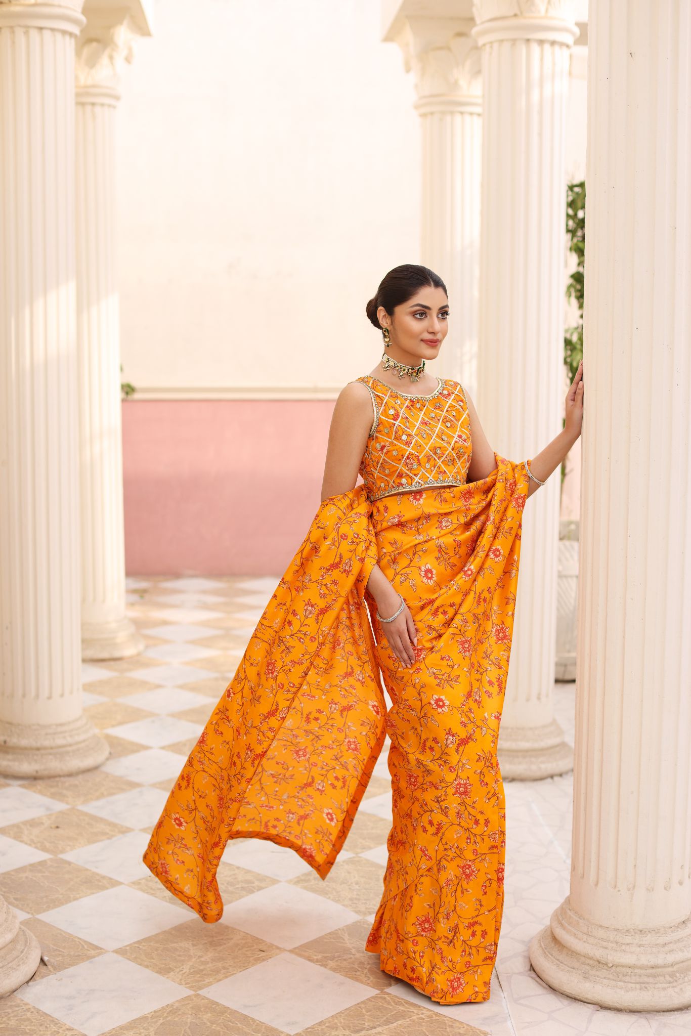 Pakistani Haldi Yellow Ada Work Pure Raw Silk Saree (2-Piece) - Image 3