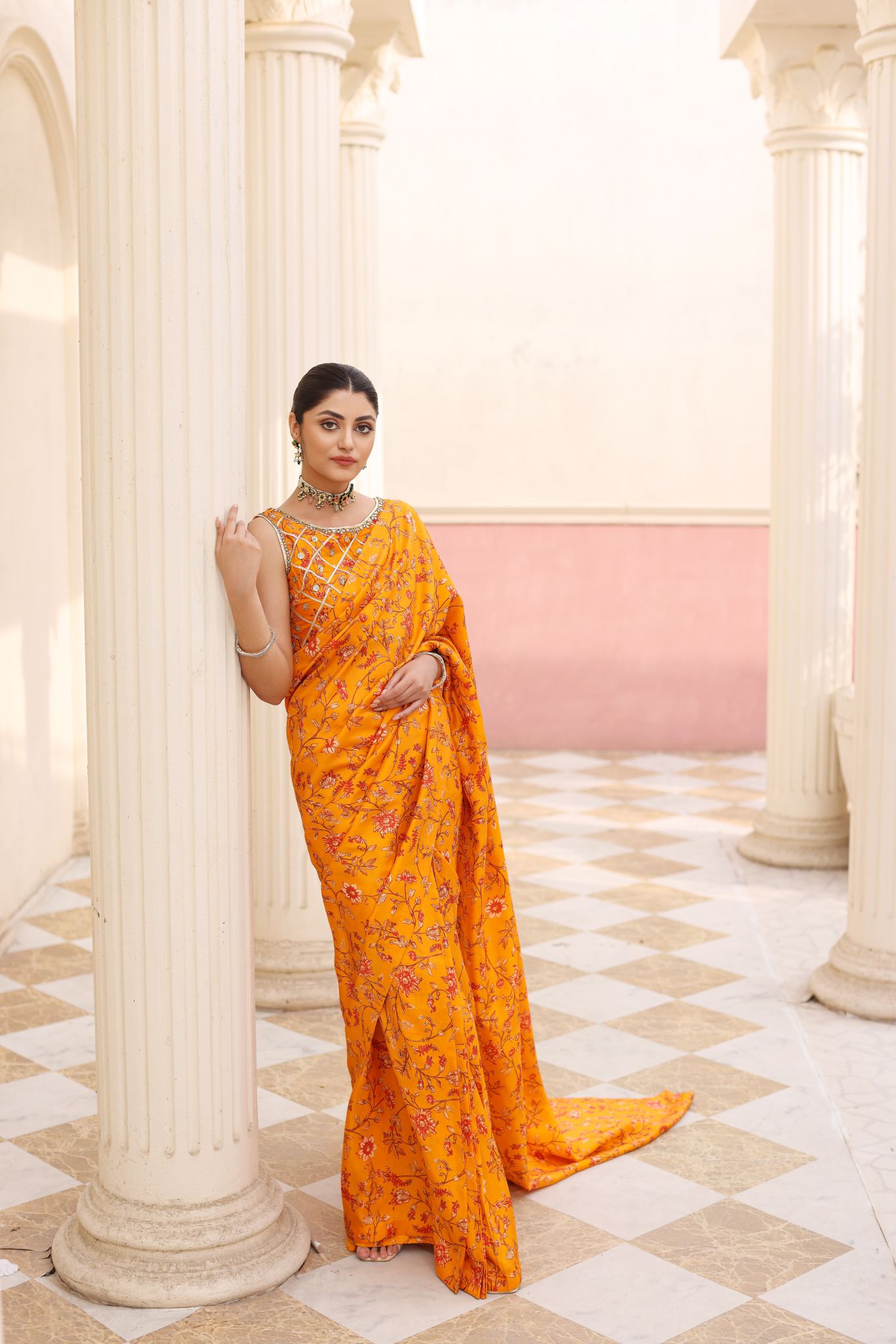 Pakistani Haldi Yellow Ada Work Pure Raw Silk Saree (2-Piece) - Image 4