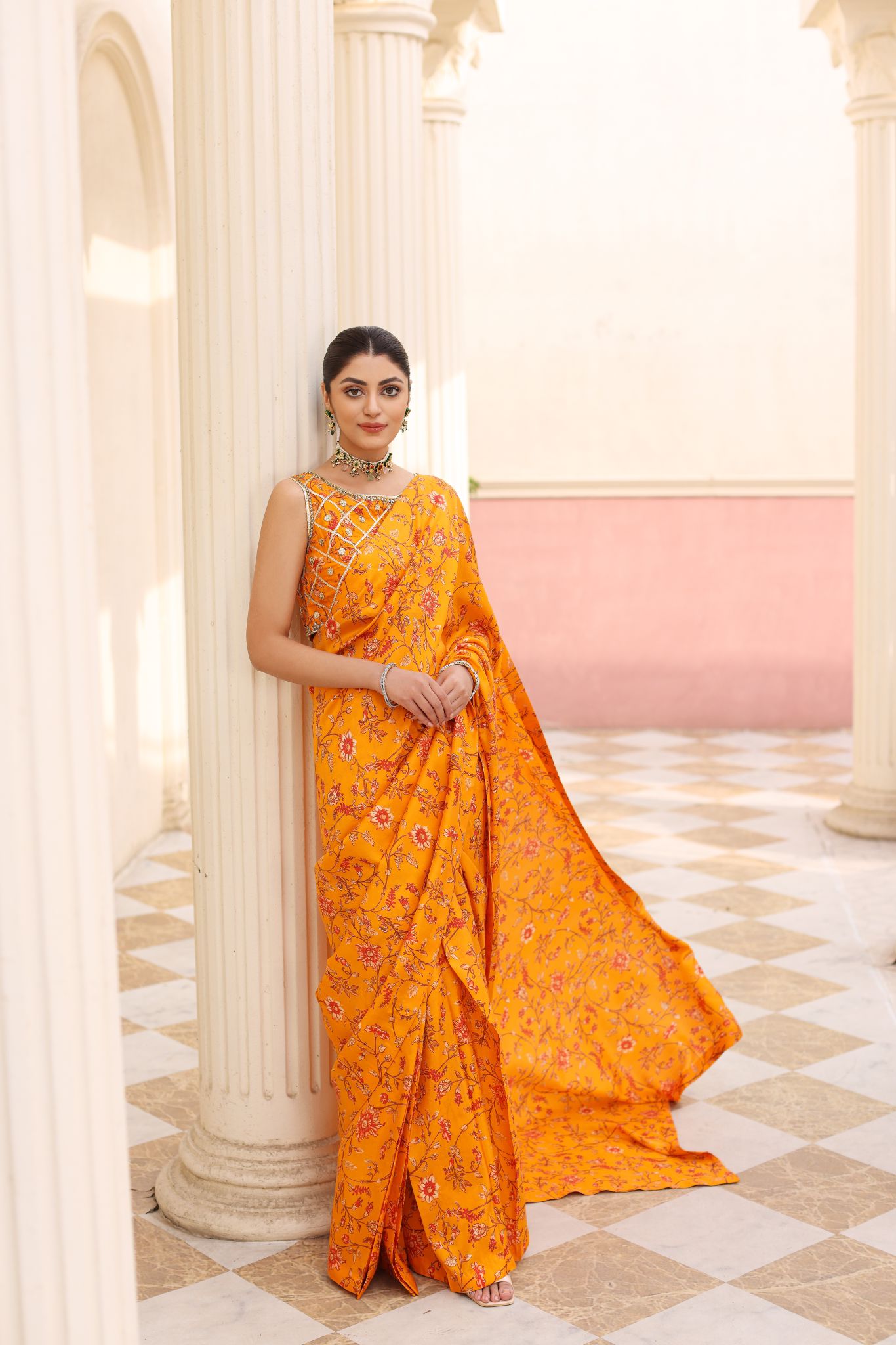 Pakistani Haldi Yellow Ada Work Pure Raw Silk Saree (2-Piece) - Image 5
