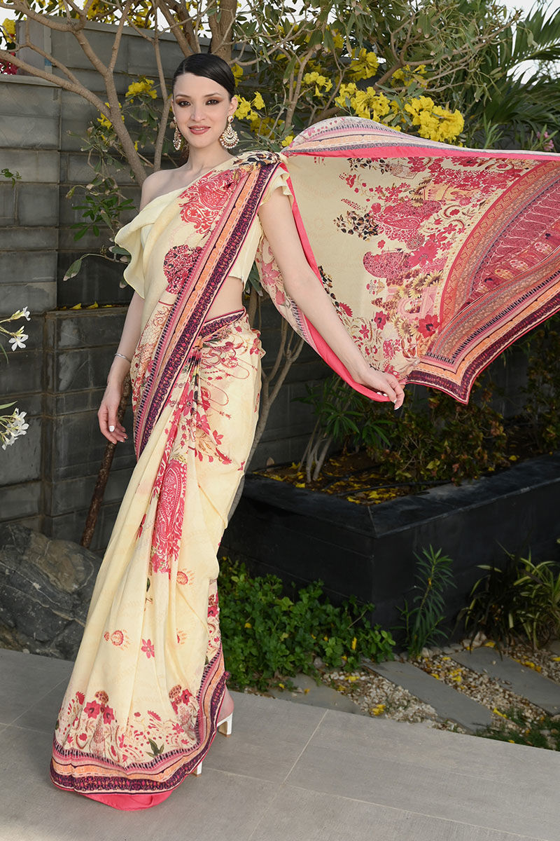 Lemon Digital Print Raw Silk Saree (3-Piece) - Image 1