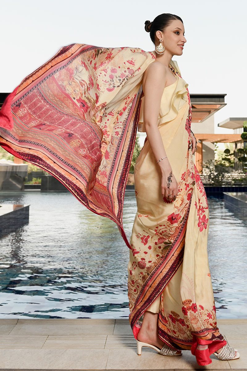 Lemon Digital Print Raw Silk Saree (3-Piece) - Image 3