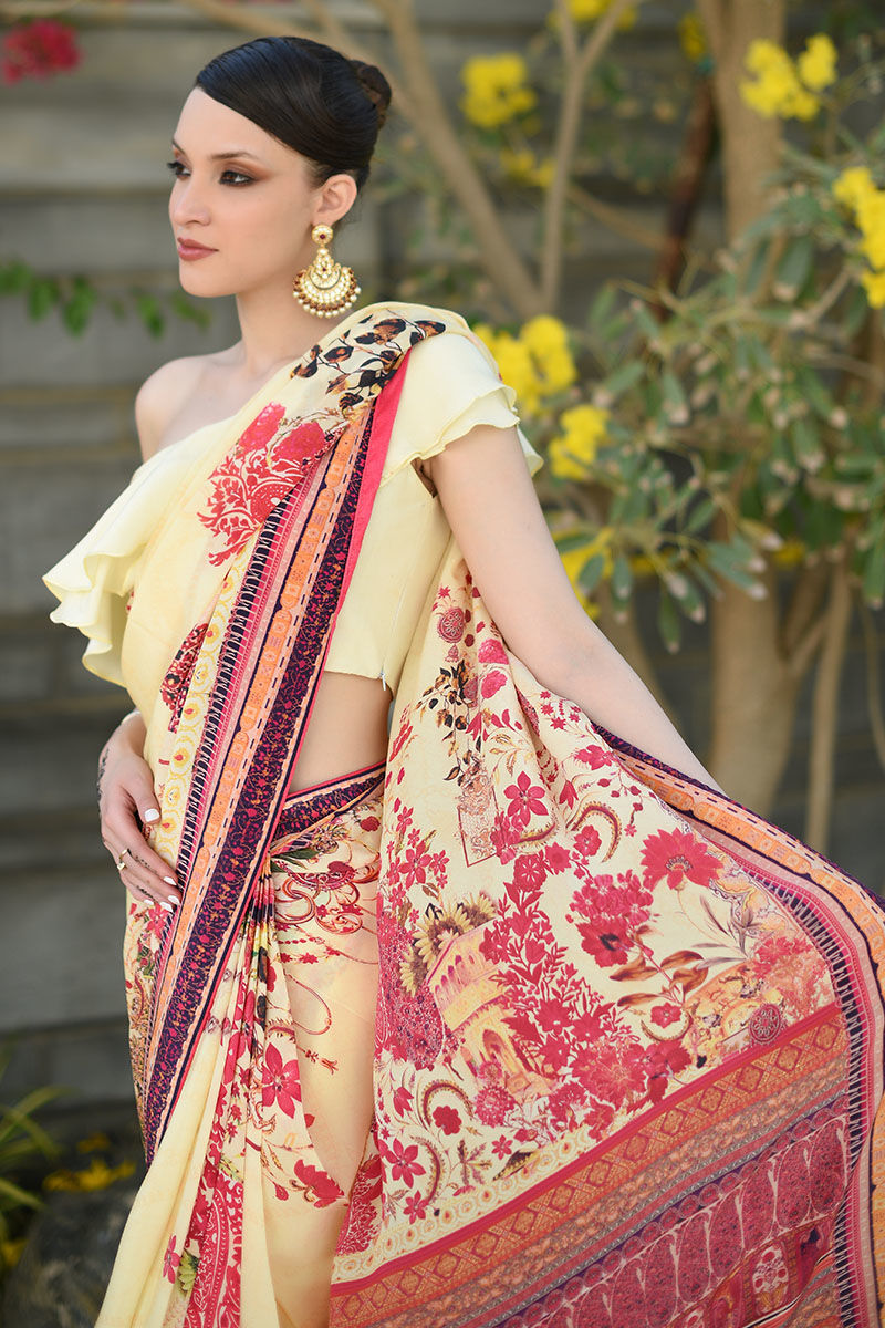 Lemon Digital Print Raw Silk Saree (3-Piece) - Image 4