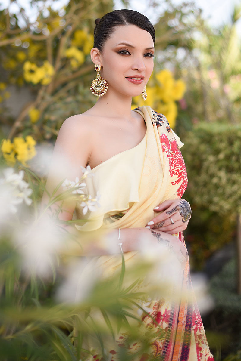 Lemon Digital Print Raw Silk Saree (3-Piece) - Image 5