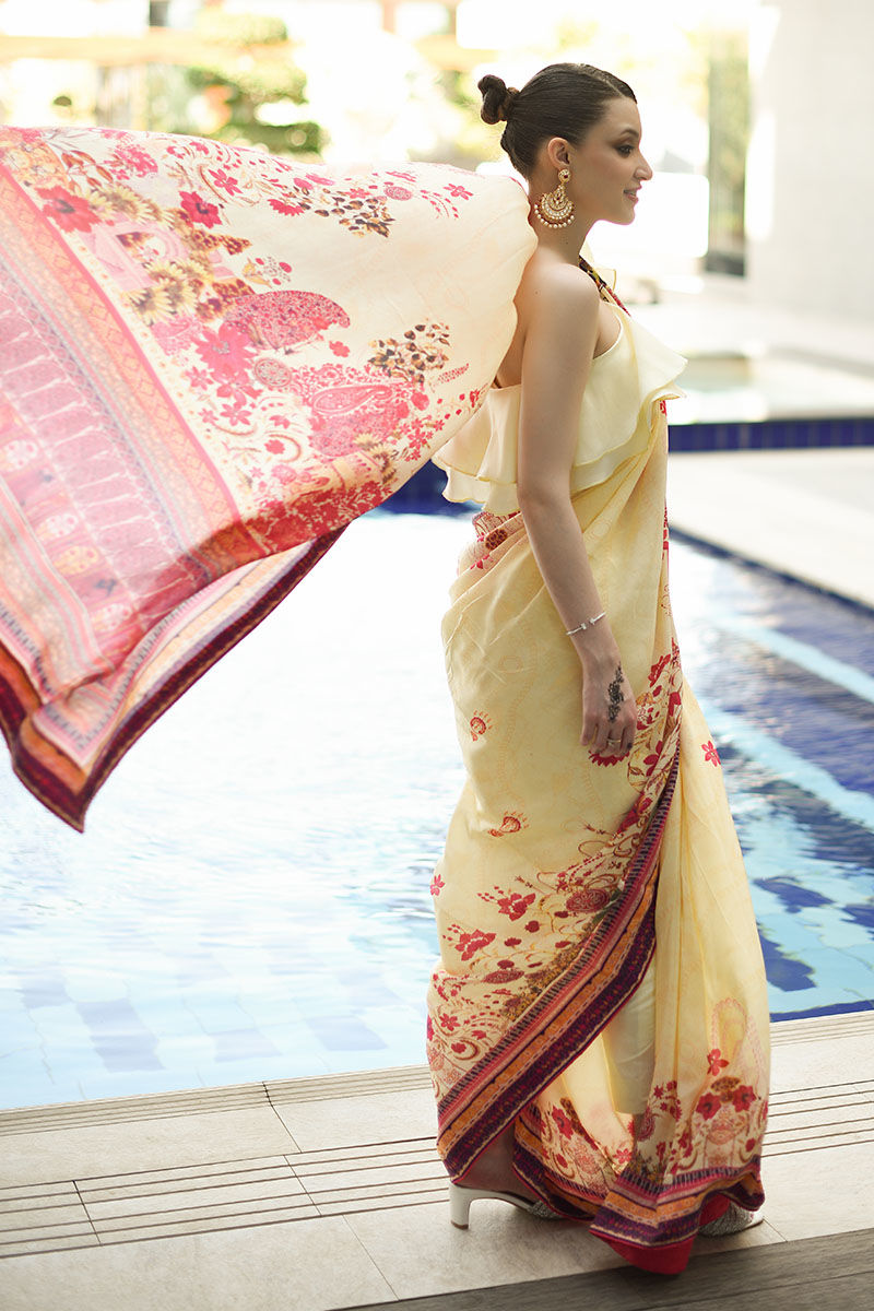 Lemon Digital Print Raw Silk Saree (3-Piece) - Image 6