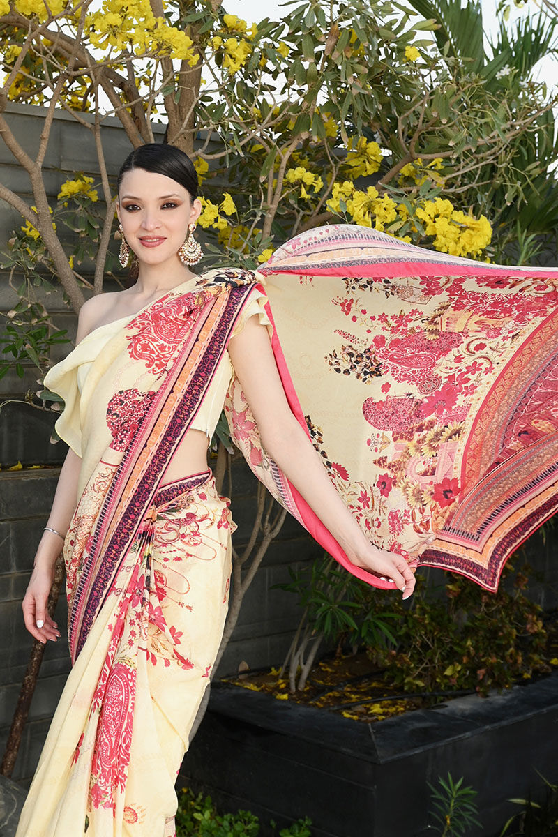 Lemon Digital Print Raw Silk Saree (3-Piece) - Image 7