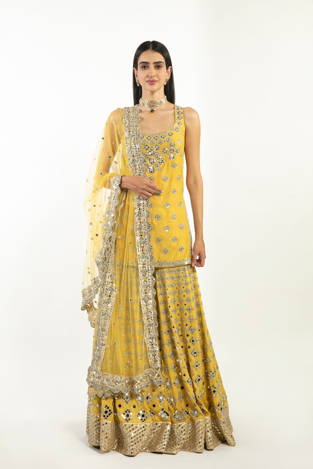 Indian Bright Yellow Mirror Gota Chanderi Sharara (3-Piece) - Image 2