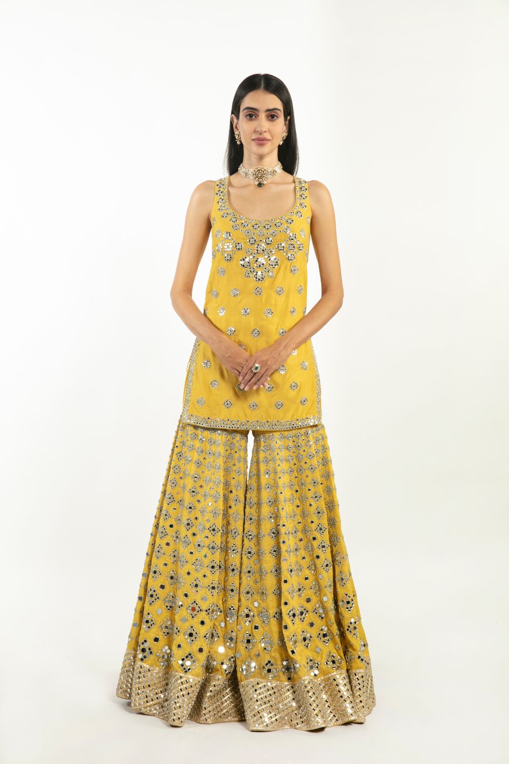 Indian Bright Yellow Mirror Gota Chanderi Sharara (3-Piece) - Image 3