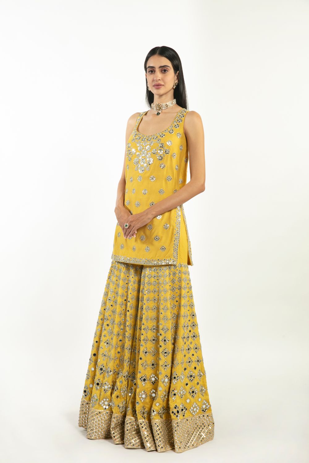 Indian Bright Yellow Mirror Gota Chanderi Sharara (3-Piece) - Image 5