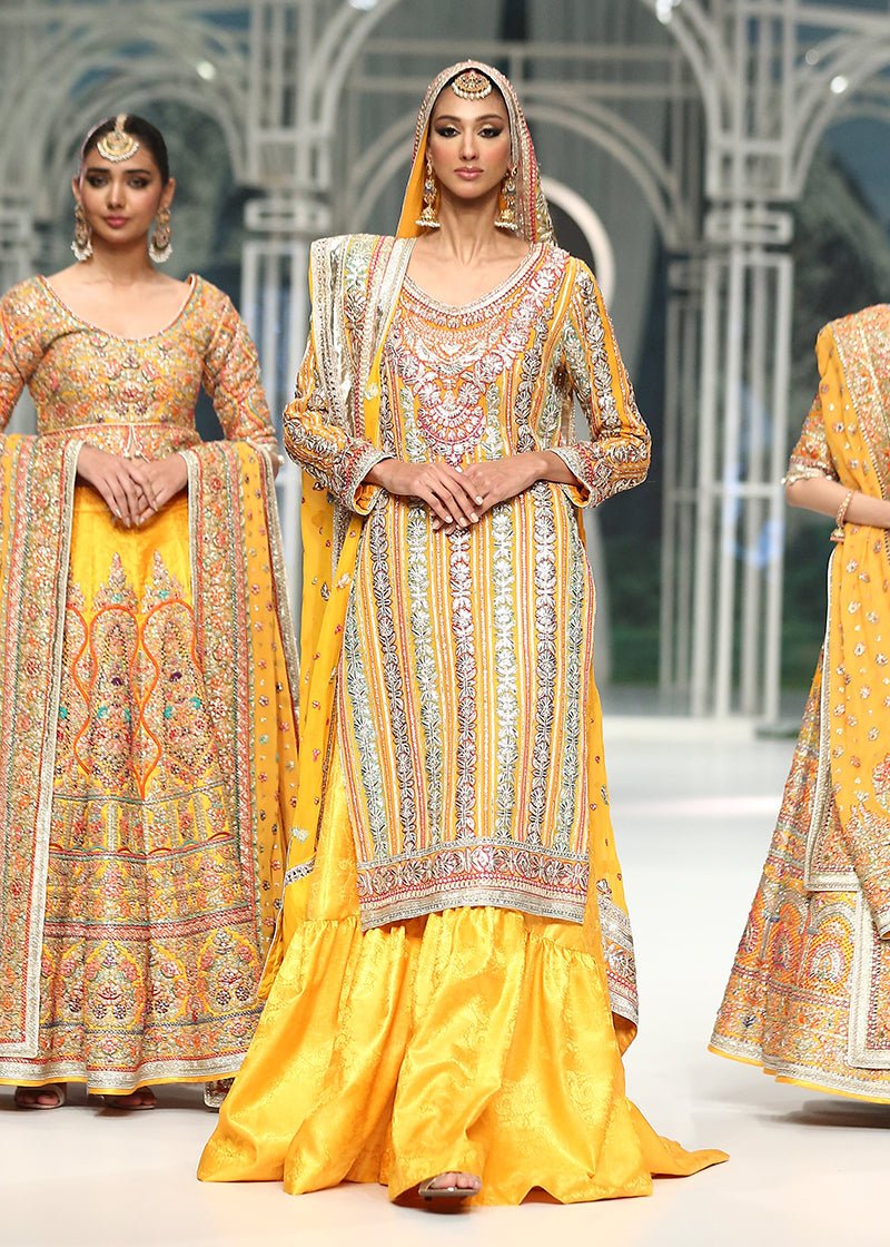 Pakistani Yellow Hand Resham & Gota Chiffon Sharara (3-Piece) - Image 1