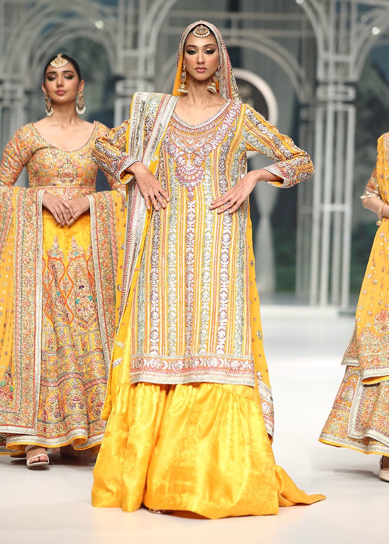 Pakistani Yellow Hand Resham & Gota Chiffon Sharara (3-Piece) - Image 2