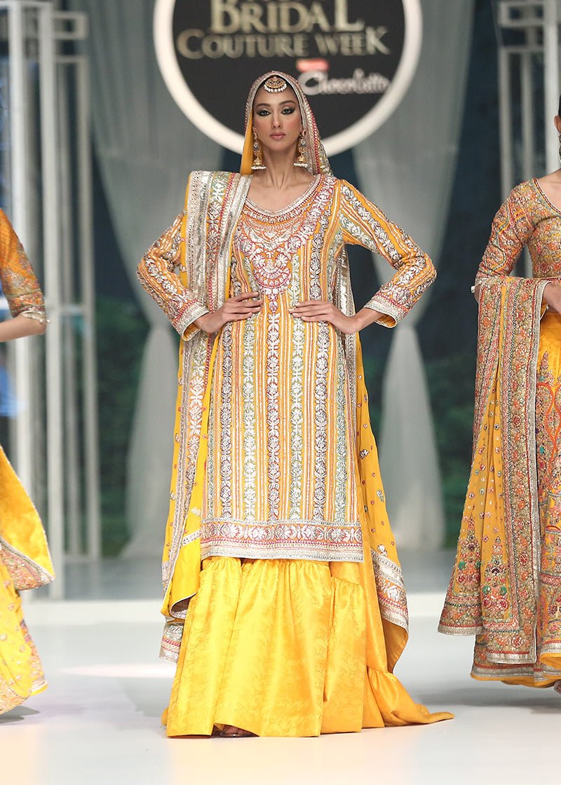 Pakistani Yellow Hand Resham & Gota Chiffon Sharara (3-Piece) - Image 3