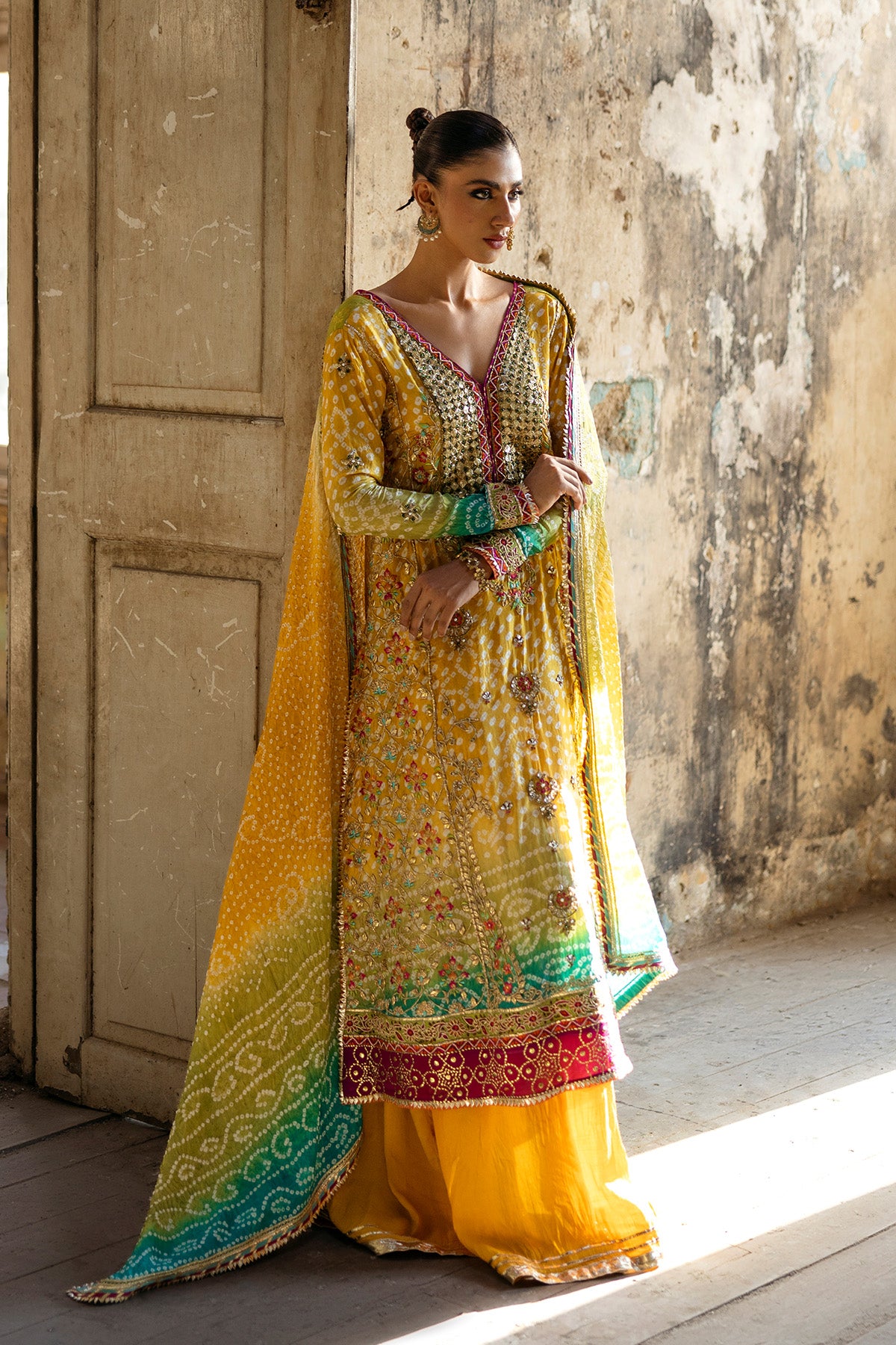 Marigold Yellow Embroidered Chunri Silk Sharara (3-Piece) - Image 1