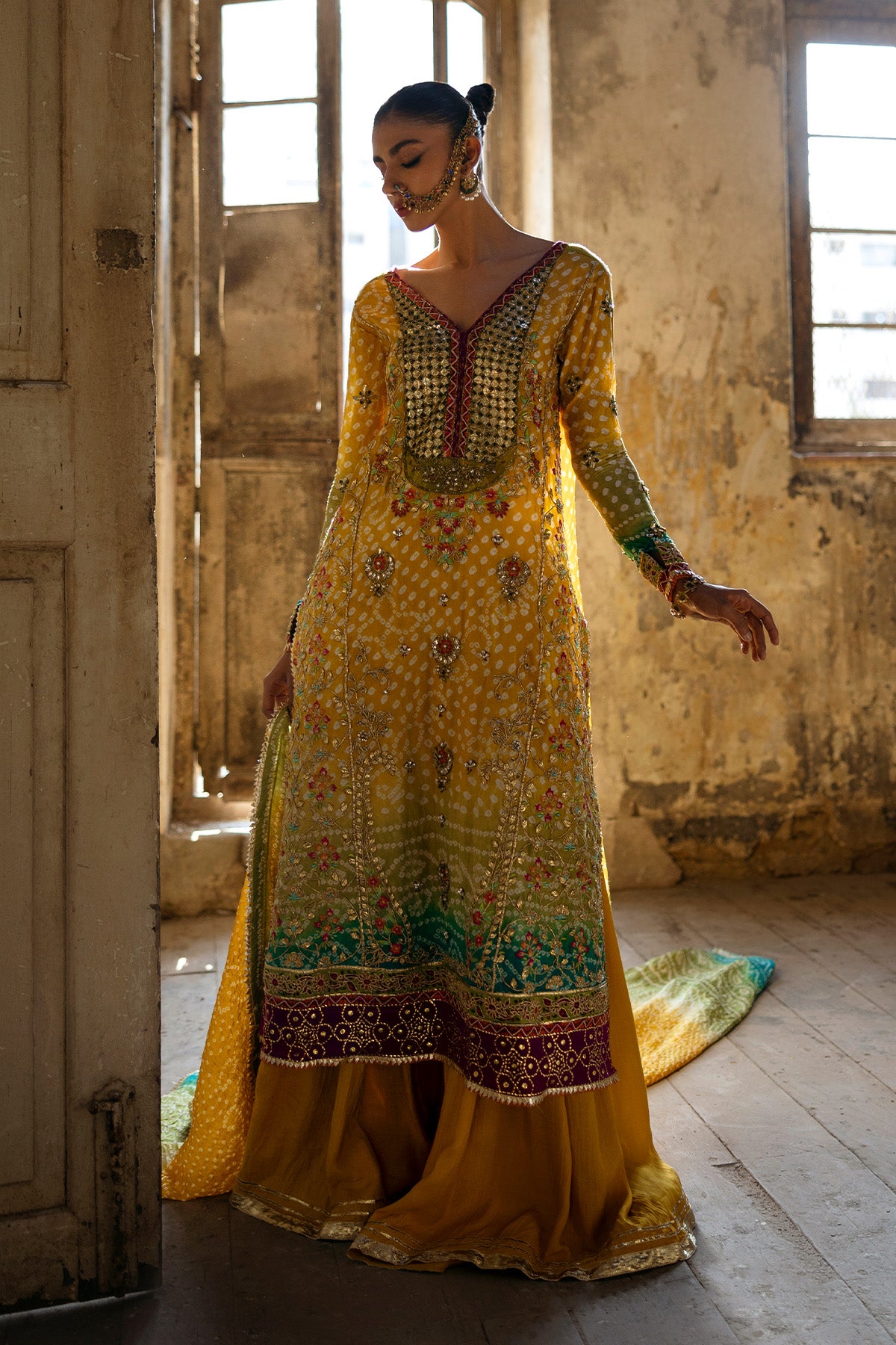 Marigold Yellow Embroidered Chunri Silk Sharara (3-Piece) - Image 3