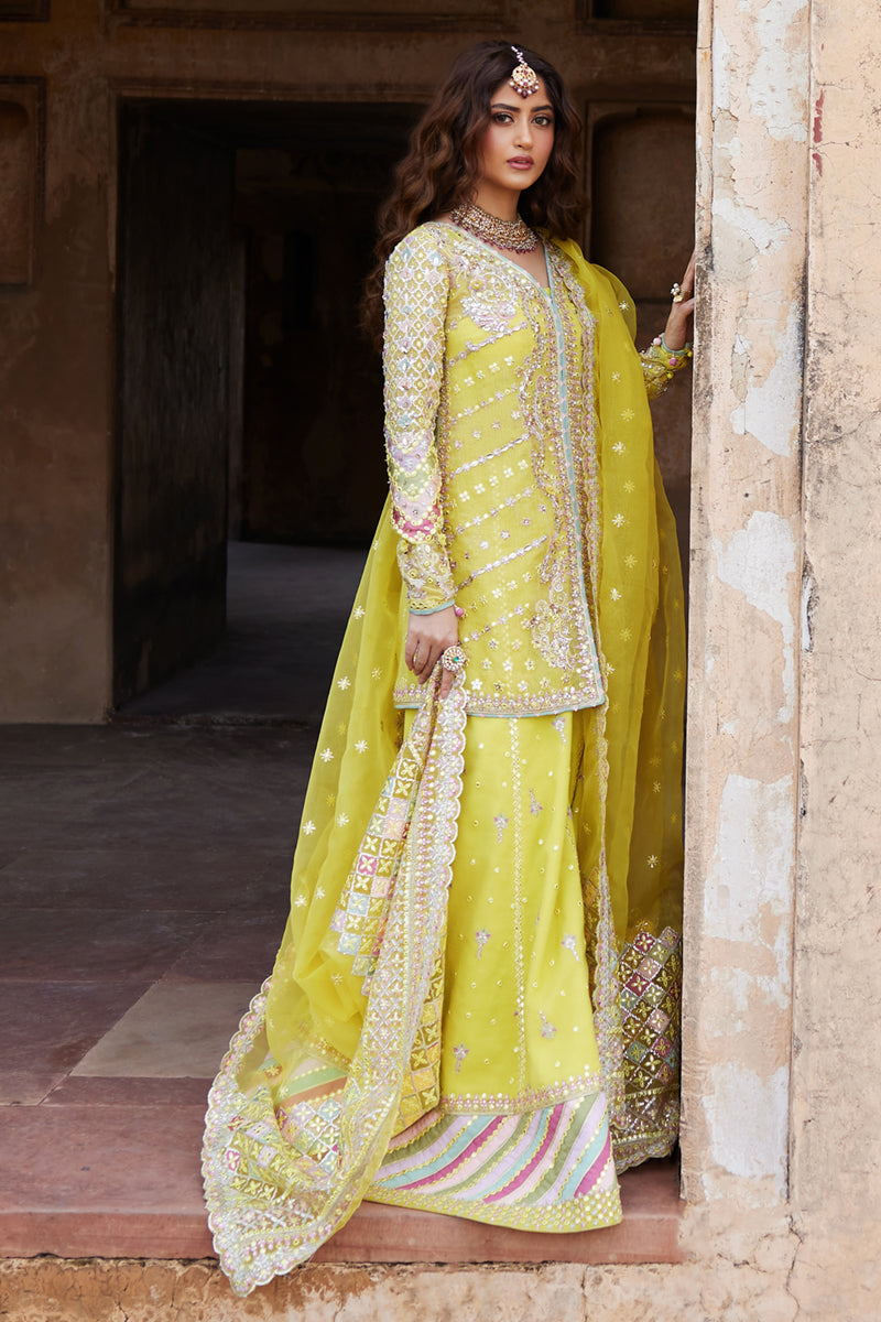 Lemon Yellow Gotta Embroidered Cotton Net Sharara (3-Piece) - Image 1