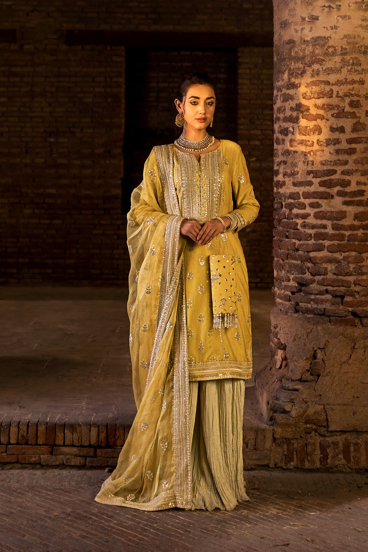 Lime Yellow Silver Embroidered Cotton Net Sharara (3-Piece) - Image 3