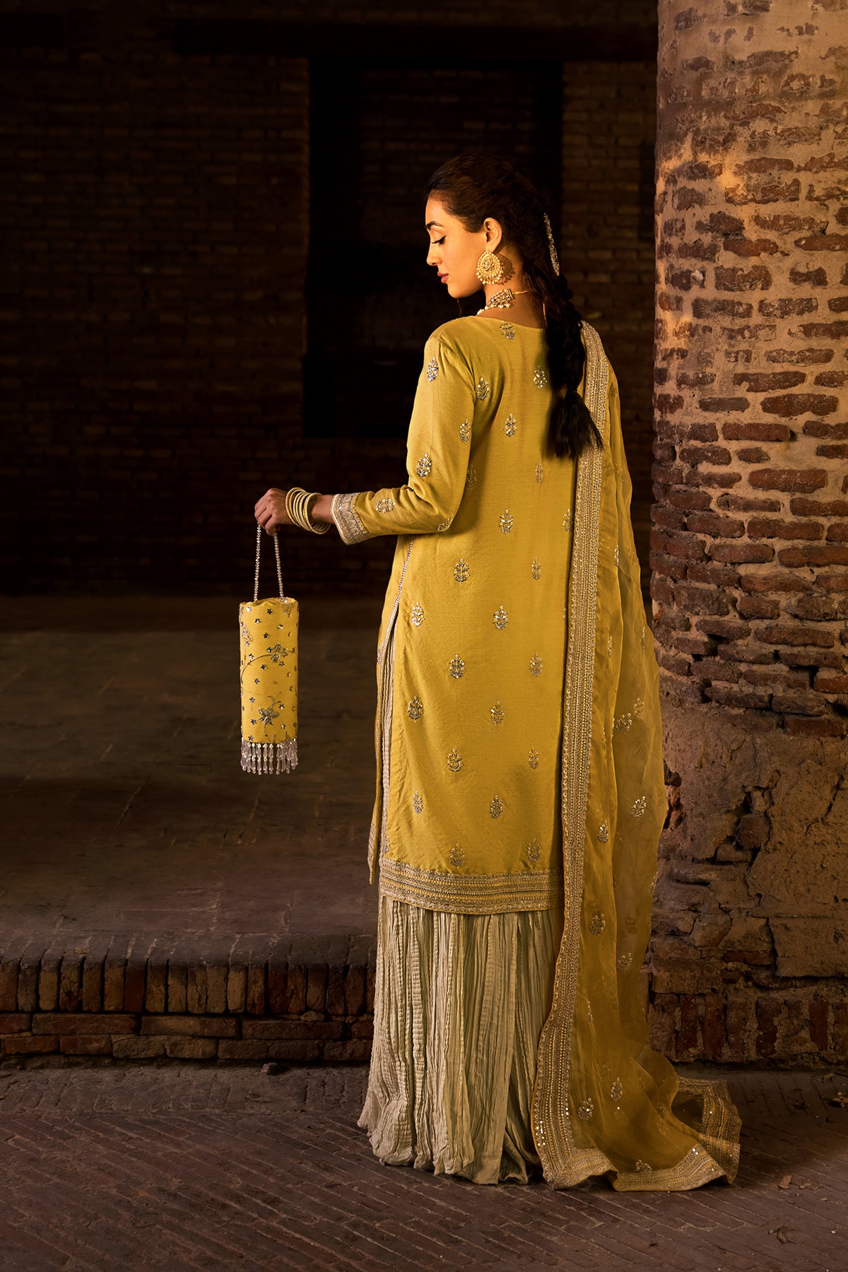 Lime Yellow Silver Embroidered Cotton Net Sharara (3-Piece) - Image 6