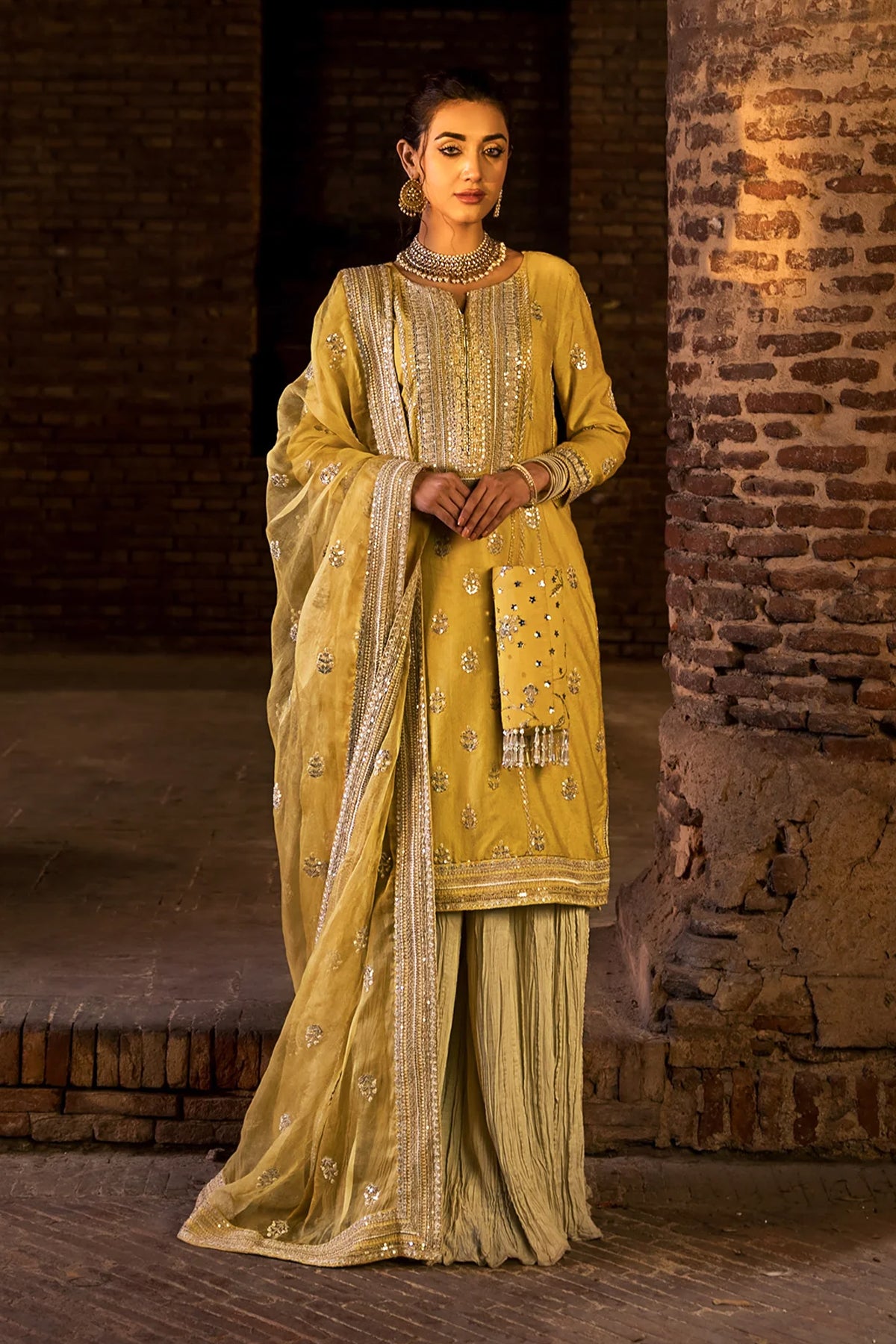 Lime Yellow Silver Embroidered Cotton Net Sharara (3-Piece) - Image 7