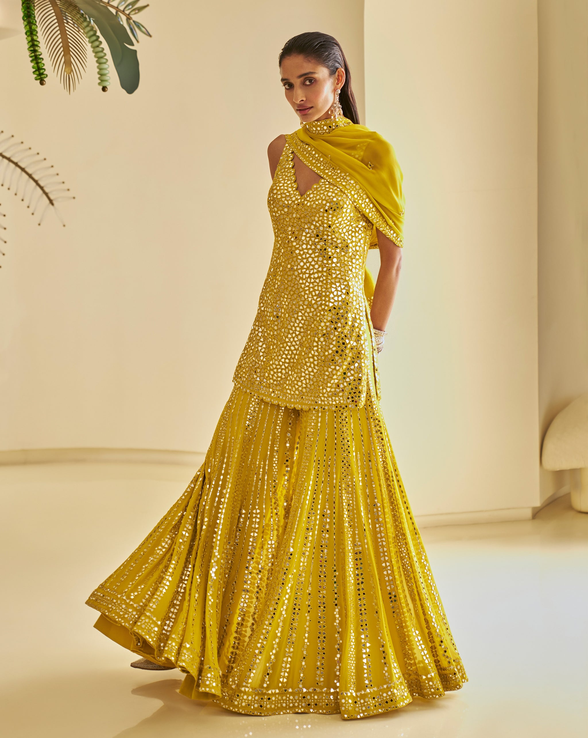 Yellow Mirror Work Georgette Sharara Set (3-Piece) - Image 2