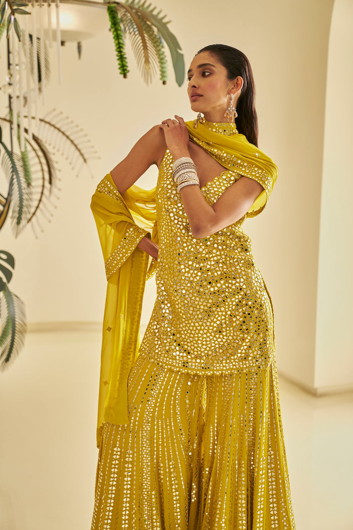 Yellow Mirror Work Georgette Sharara Set (3-Piece) - Image 3