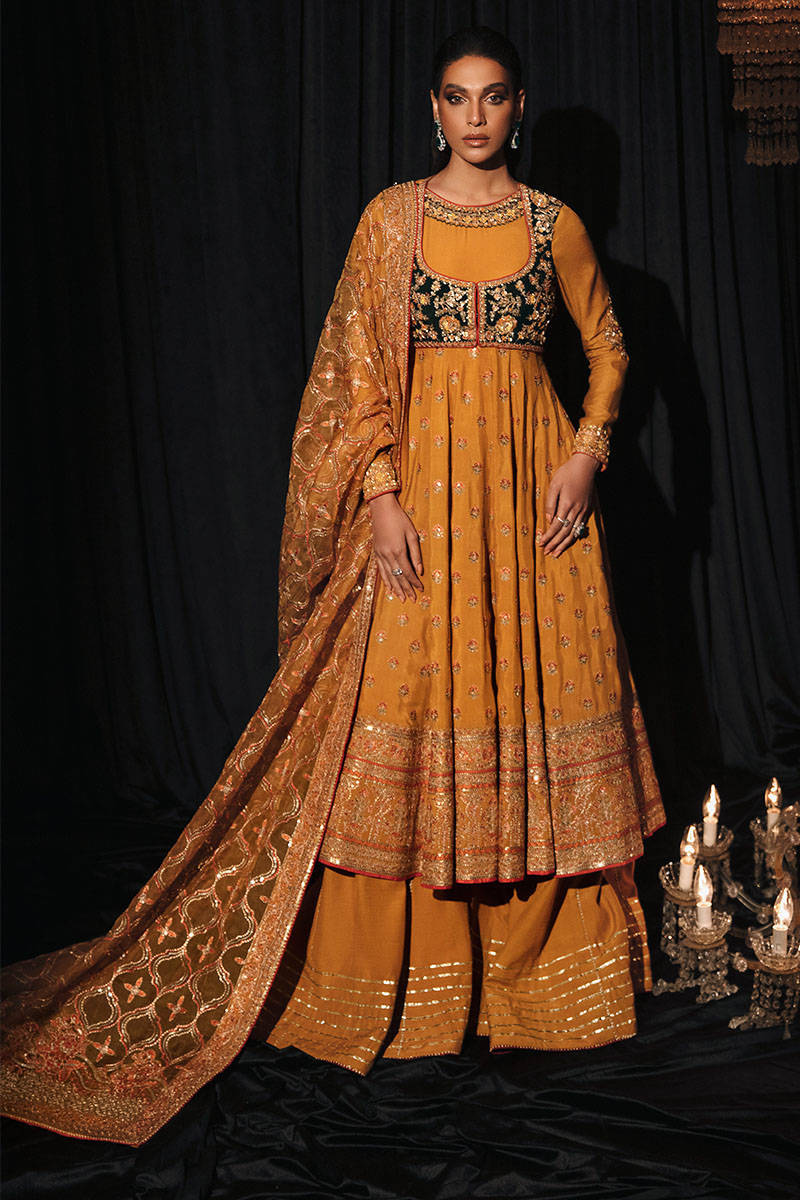 Mustard Embellished Georgette Kalidaar Sharara (3-Piece) - Image 1