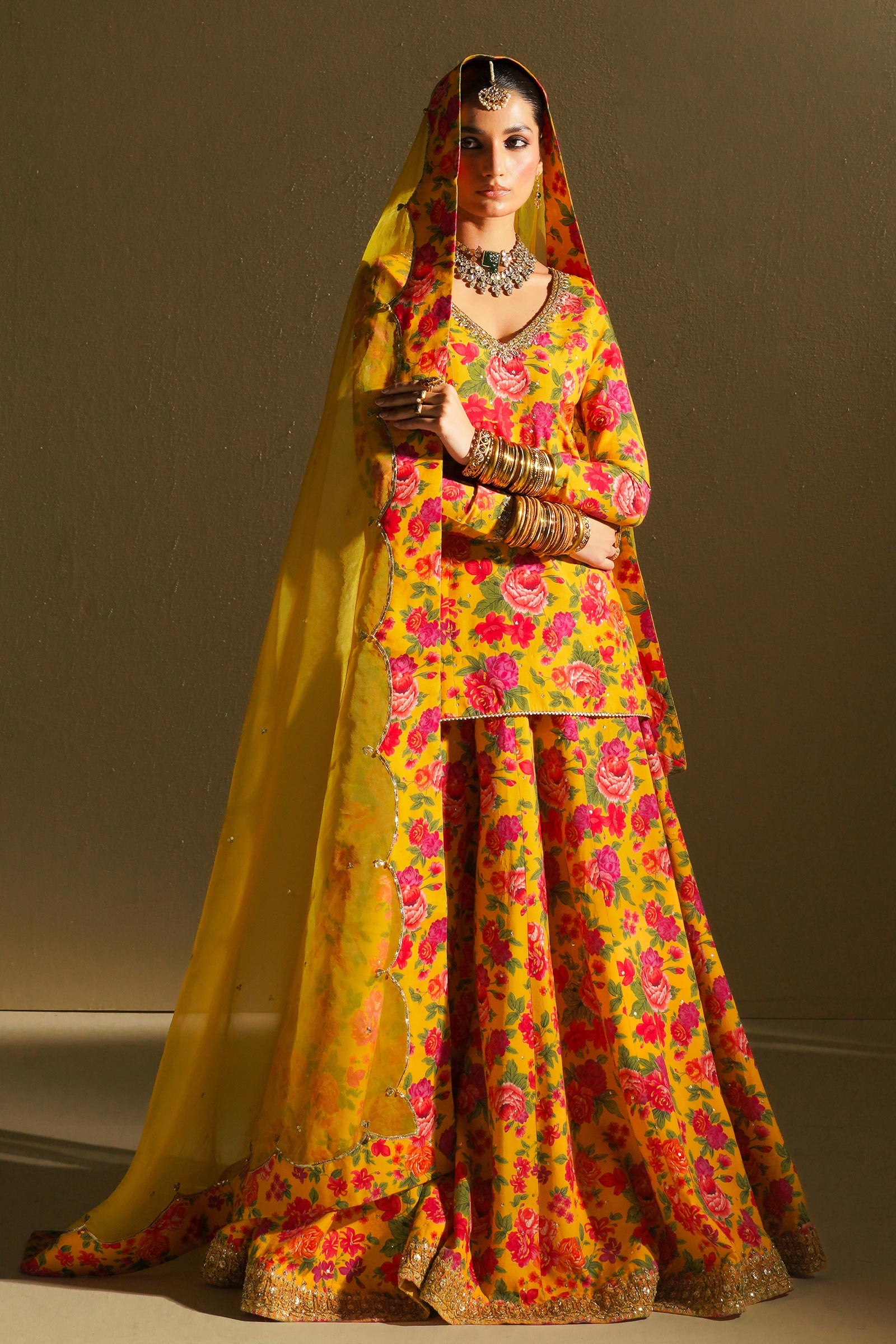 Pakistani Mustard Floral Adda Work Korean Silk Sharara (3-Piece) - Image 1