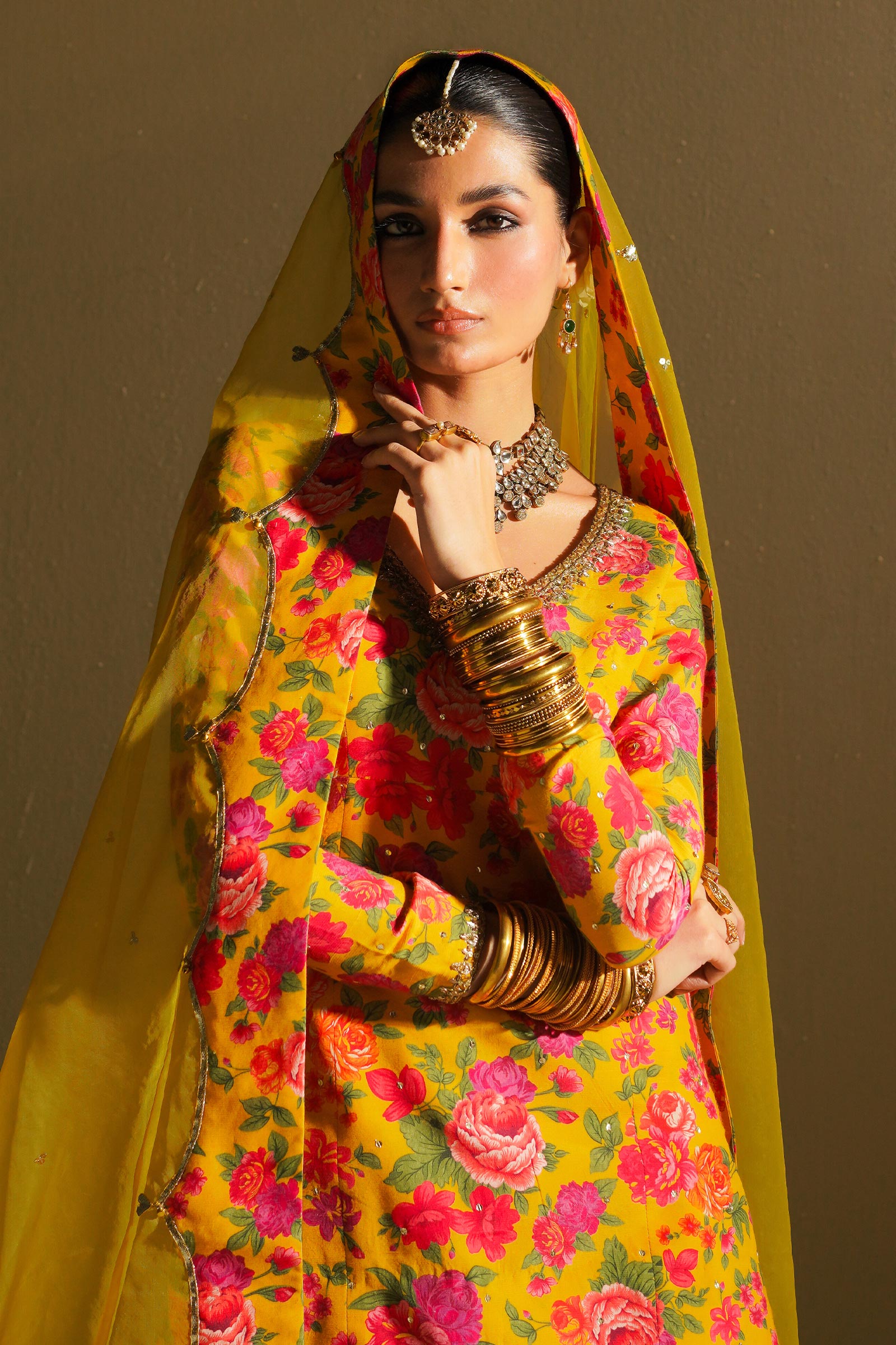 Pakistani Mustard Floral Adda Work Korean Silk Sharara (3-Piece) - Image 2