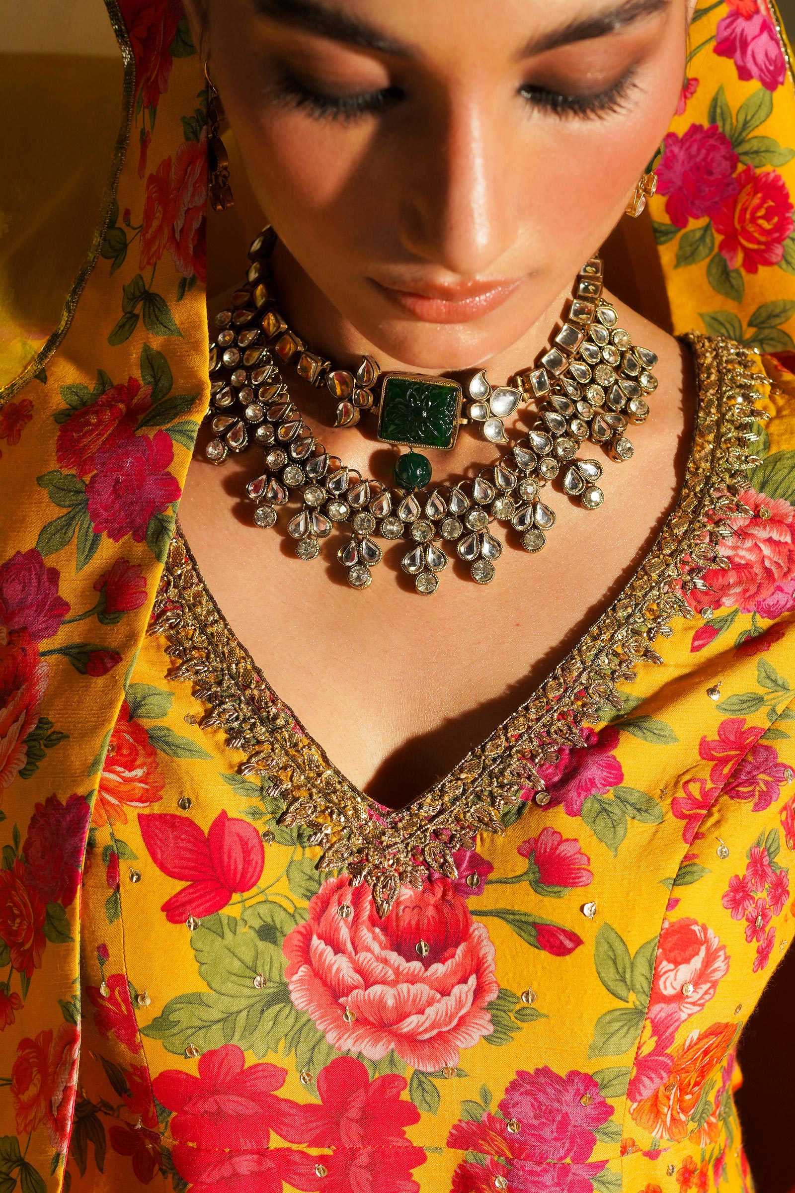 Pakistani Mustard Floral Adda Work Korean Silk Sharara (3-Piece) - Image 4