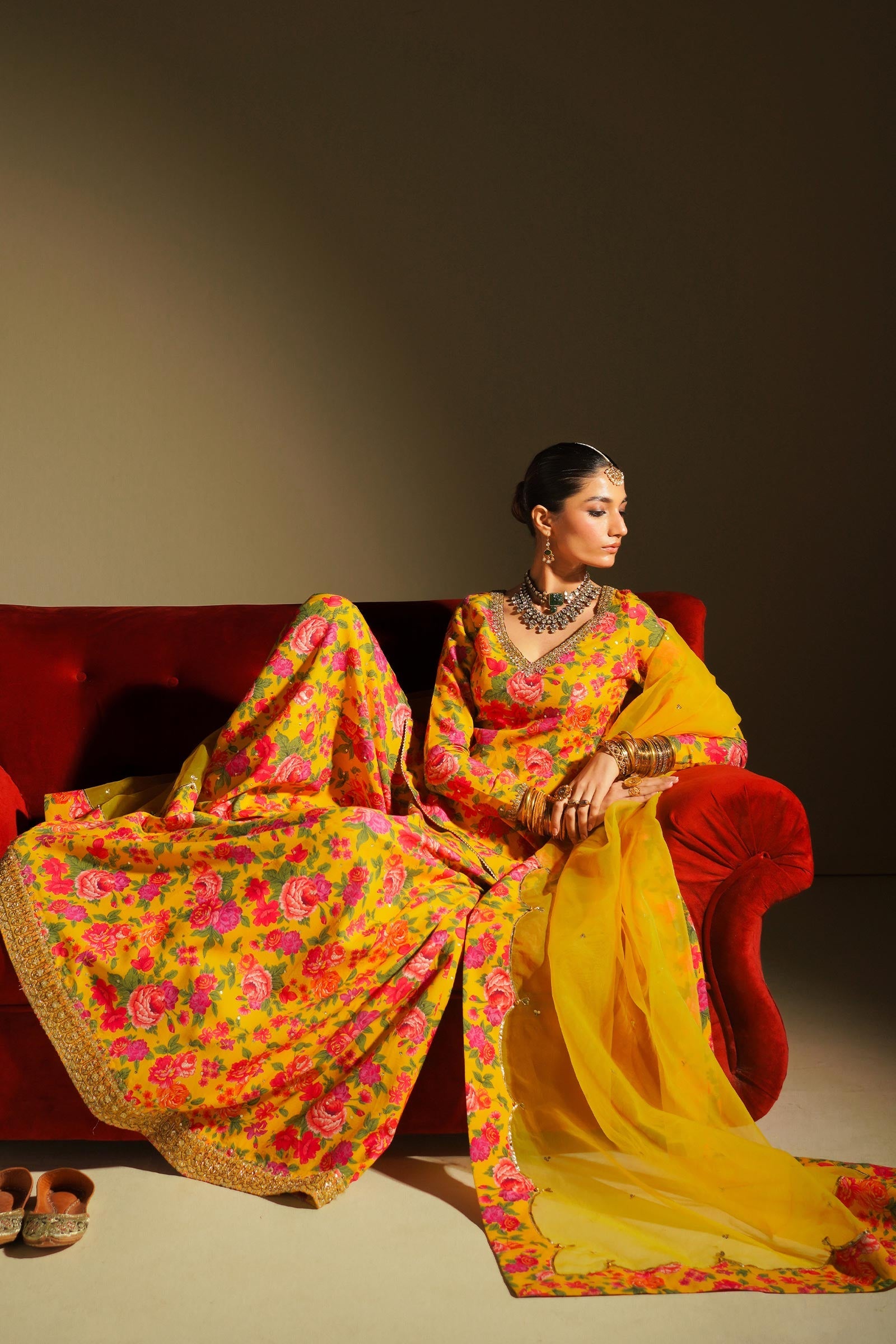 Pakistani Mustard Floral Adda Work Korean Silk Sharara (3-Piece) - Image 5