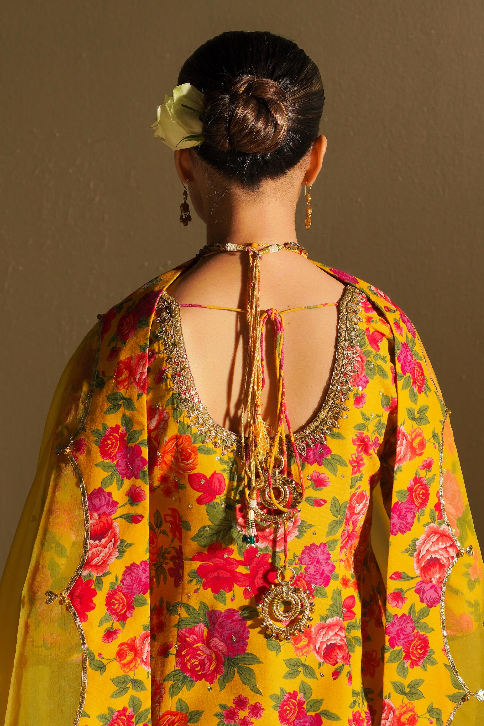 Pakistani Mustard Floral Adda Work Korean Silk Sharara (3-Piece) - Image 9