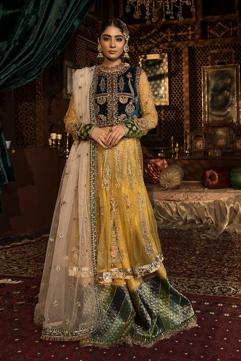 Pakistani Yellow Embroidered Net Frock Sharara (4-Piece) - Image 1