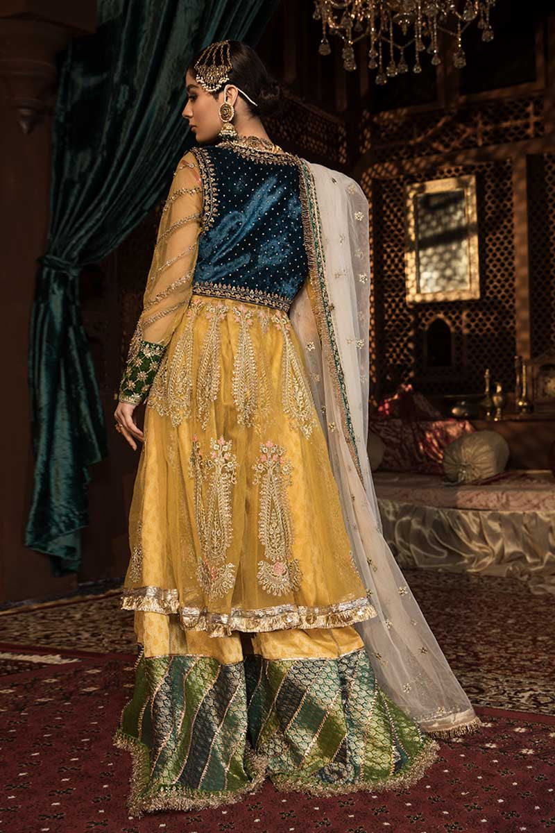 Pakistani Yellow Embroidered Net Frock Sharara (4-Piece) - Image 2