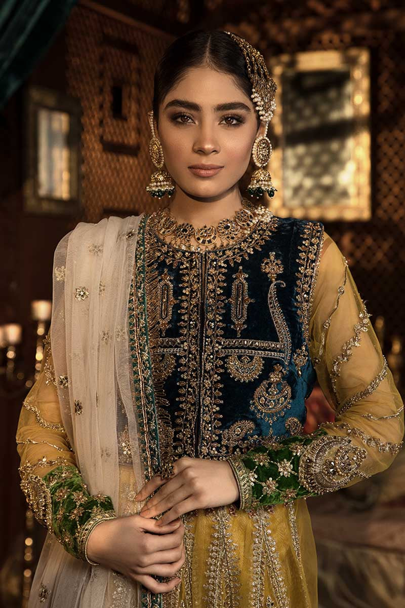 Pakistani Yellow Embroidered Net Frock Sharara (4-Piece) - Image 3