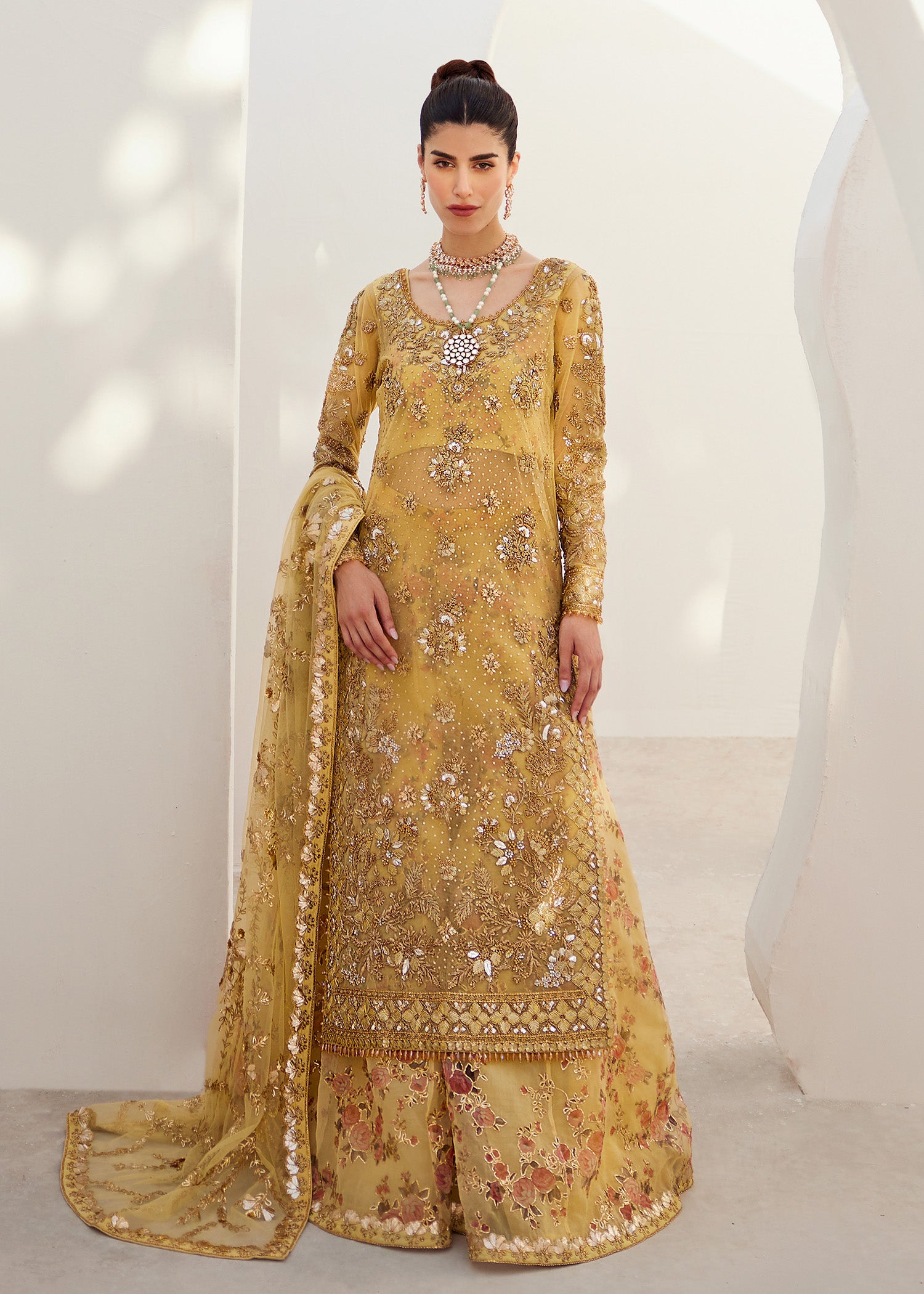 Yellow Hand-Embellished Net & Organza Sharara (3-Piece) - Image 2