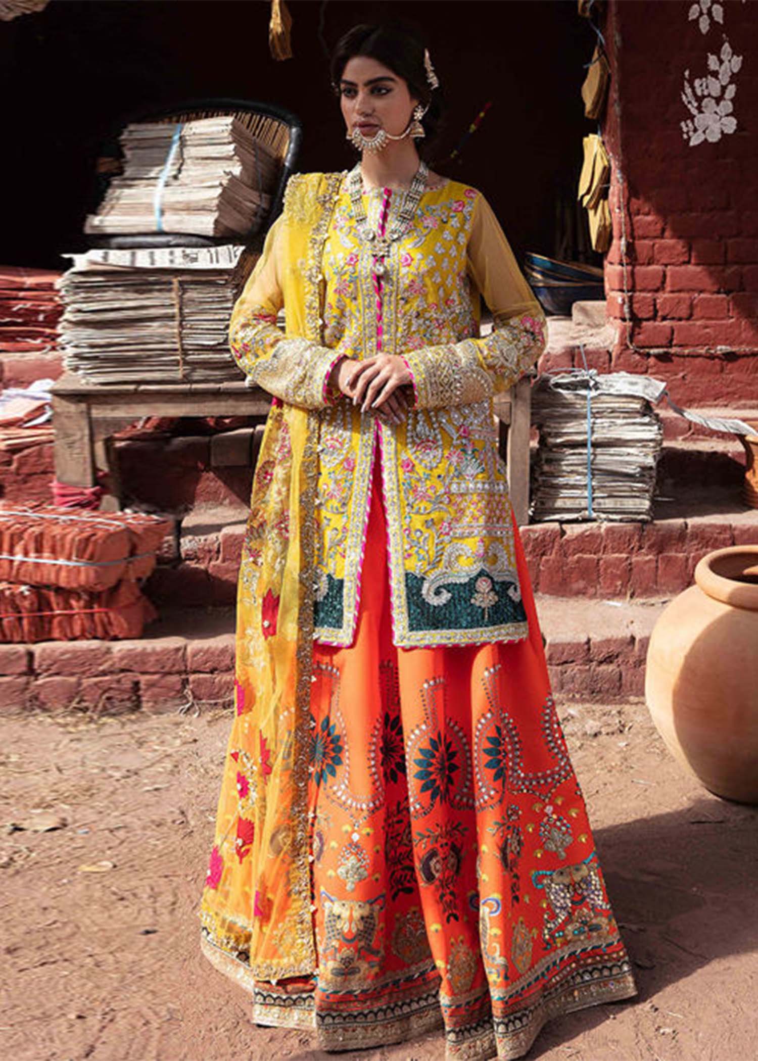 Pakistani Canary Yellow Embroidered Net & Silk Sharara (3-Piece) - Image 1