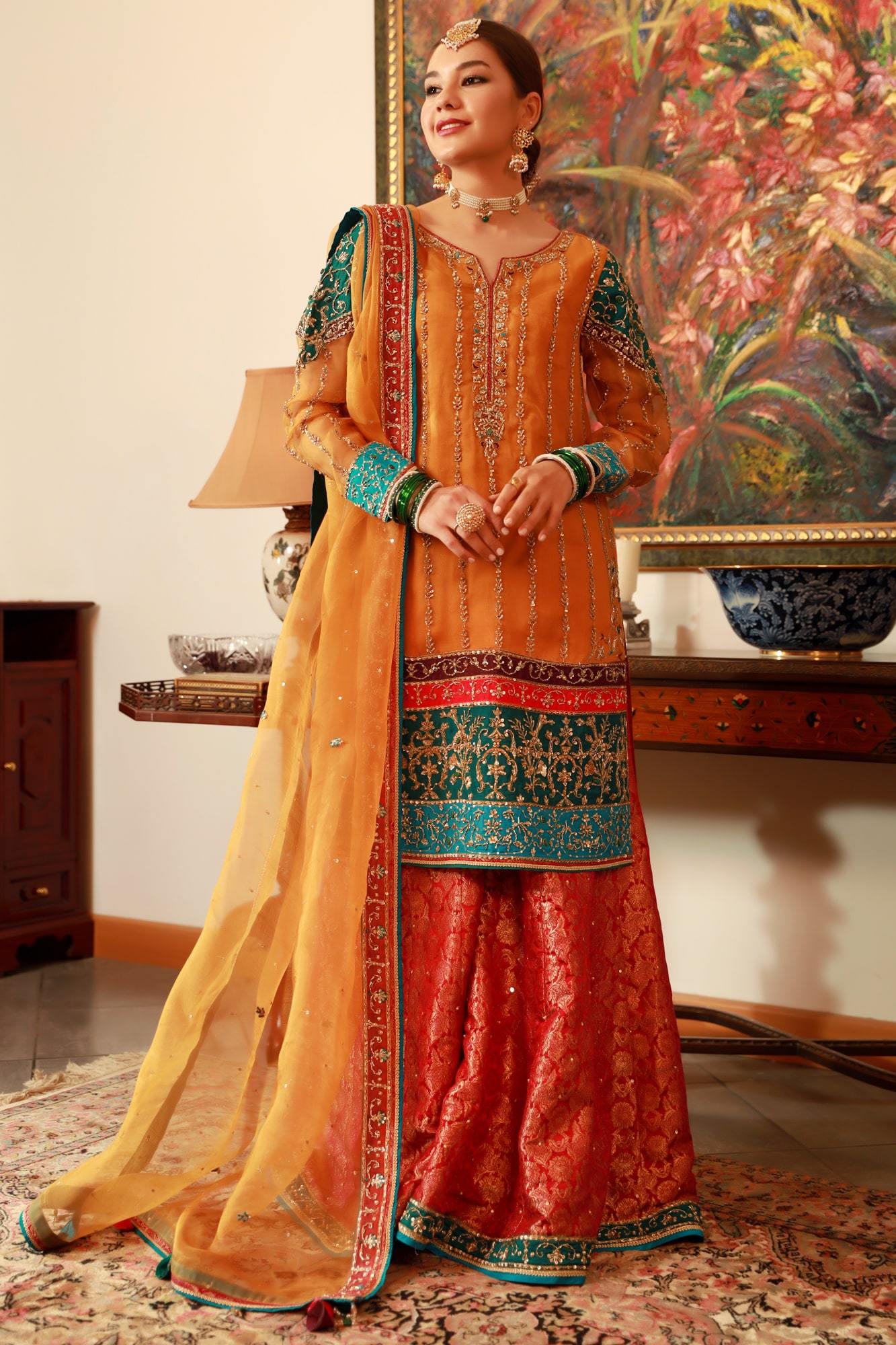 Pakistani Yellow Applique Embroidered Organza Sharara (3-Piece) - Image 3