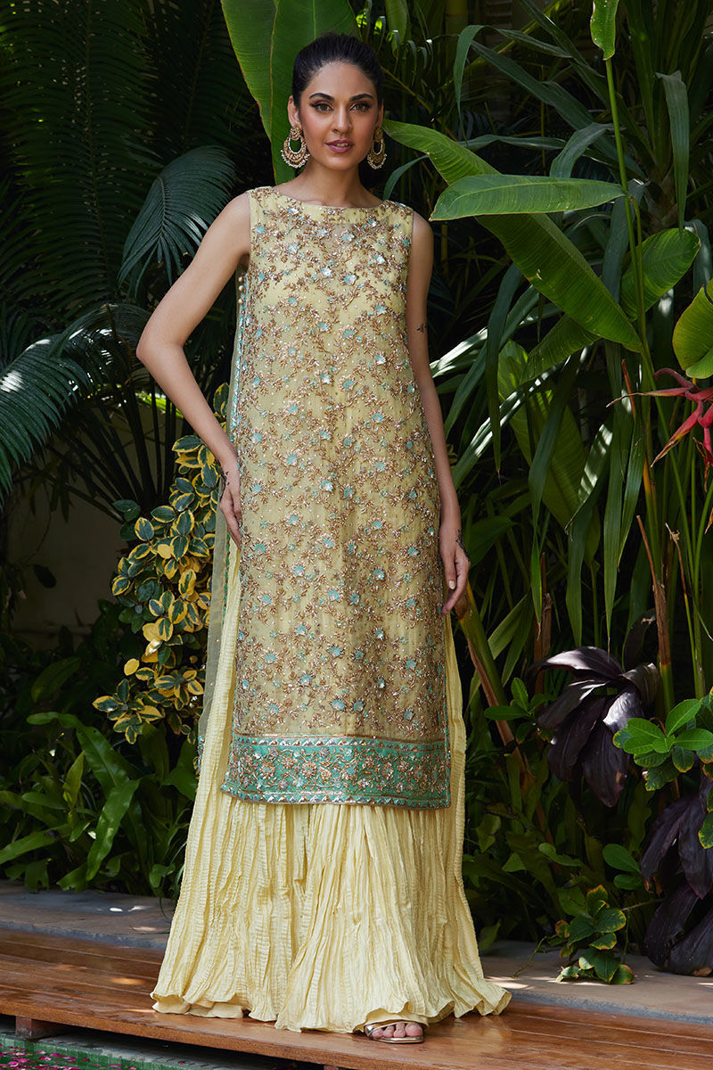 Pakistani Pastel Lemon Embroidered Organza Sharara (3-Piece) - Image 1