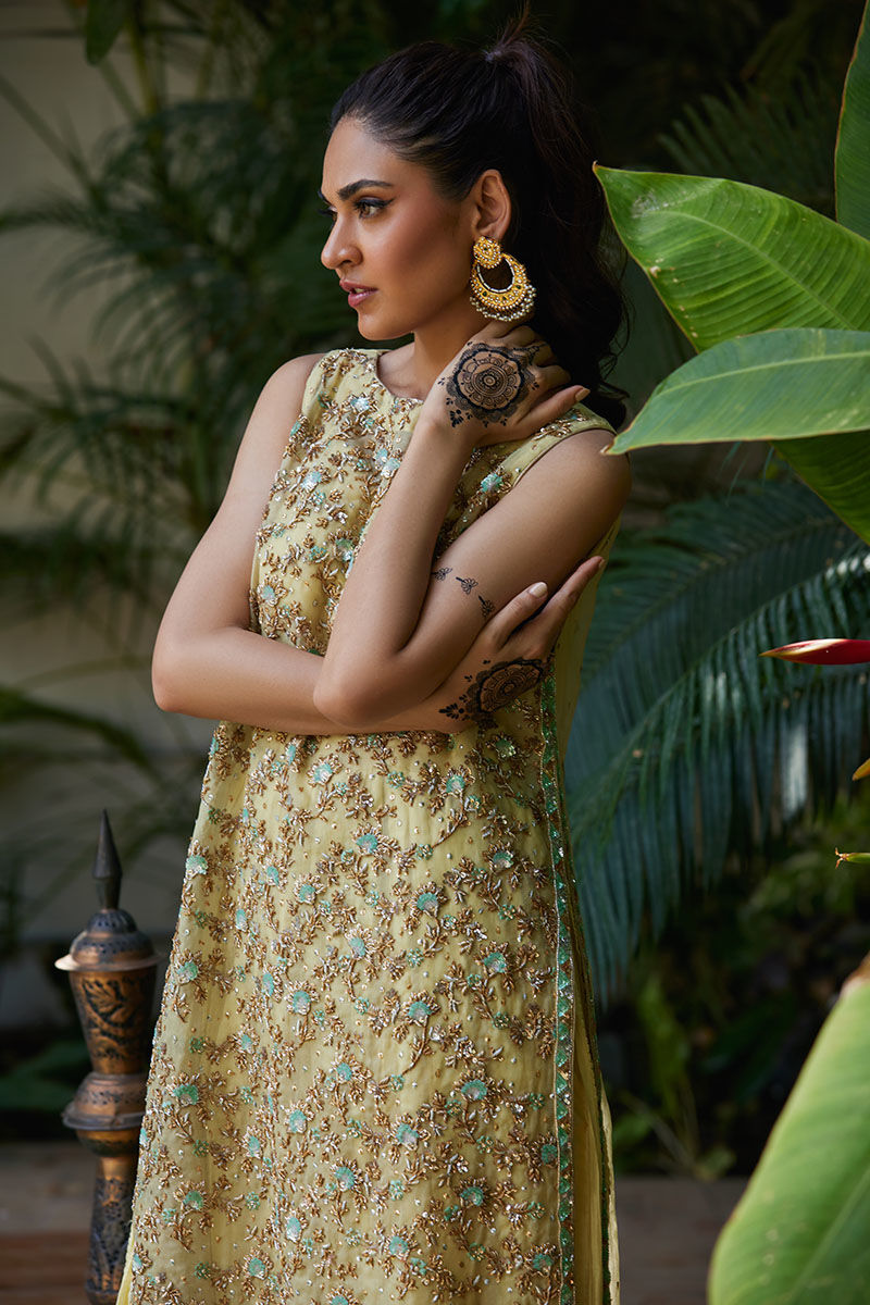 Pakistani Pastel Lemon Embroidered Organza Sharara (3-Piece) - Image 2