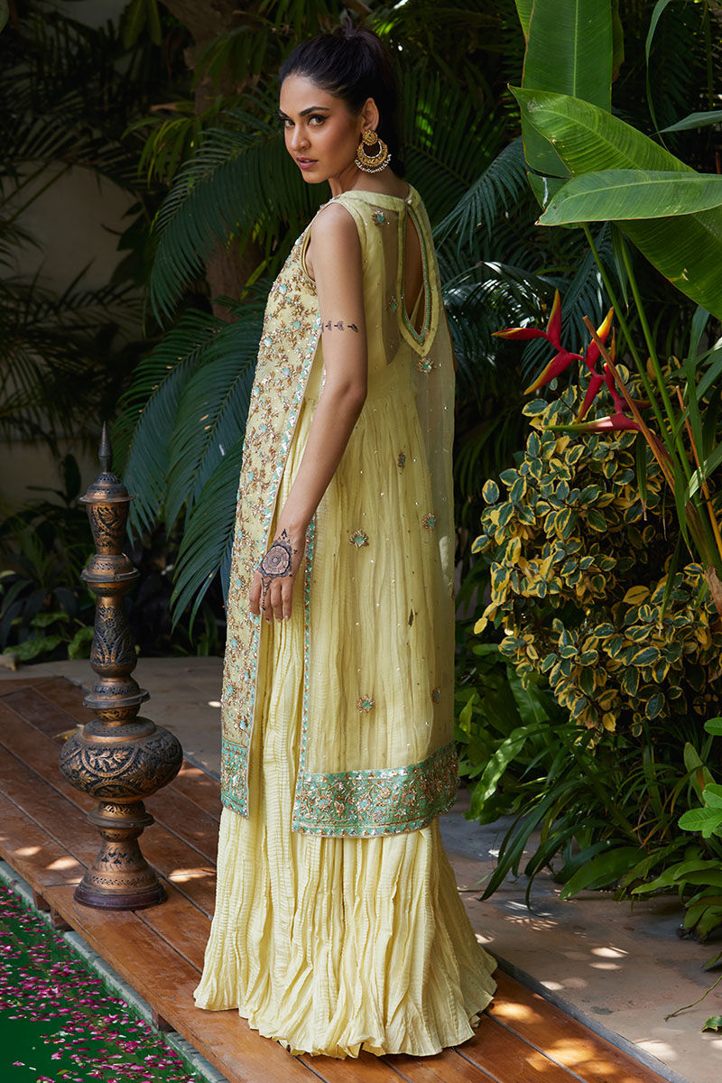 Pakistani Pastel Lemon Embroidered Organza Sharara (3-Piece) - Image 3