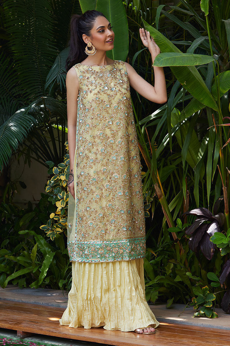 Pakistani Pastel Lemon Embroidered Organza Sharara (3-Piece) - Image 4