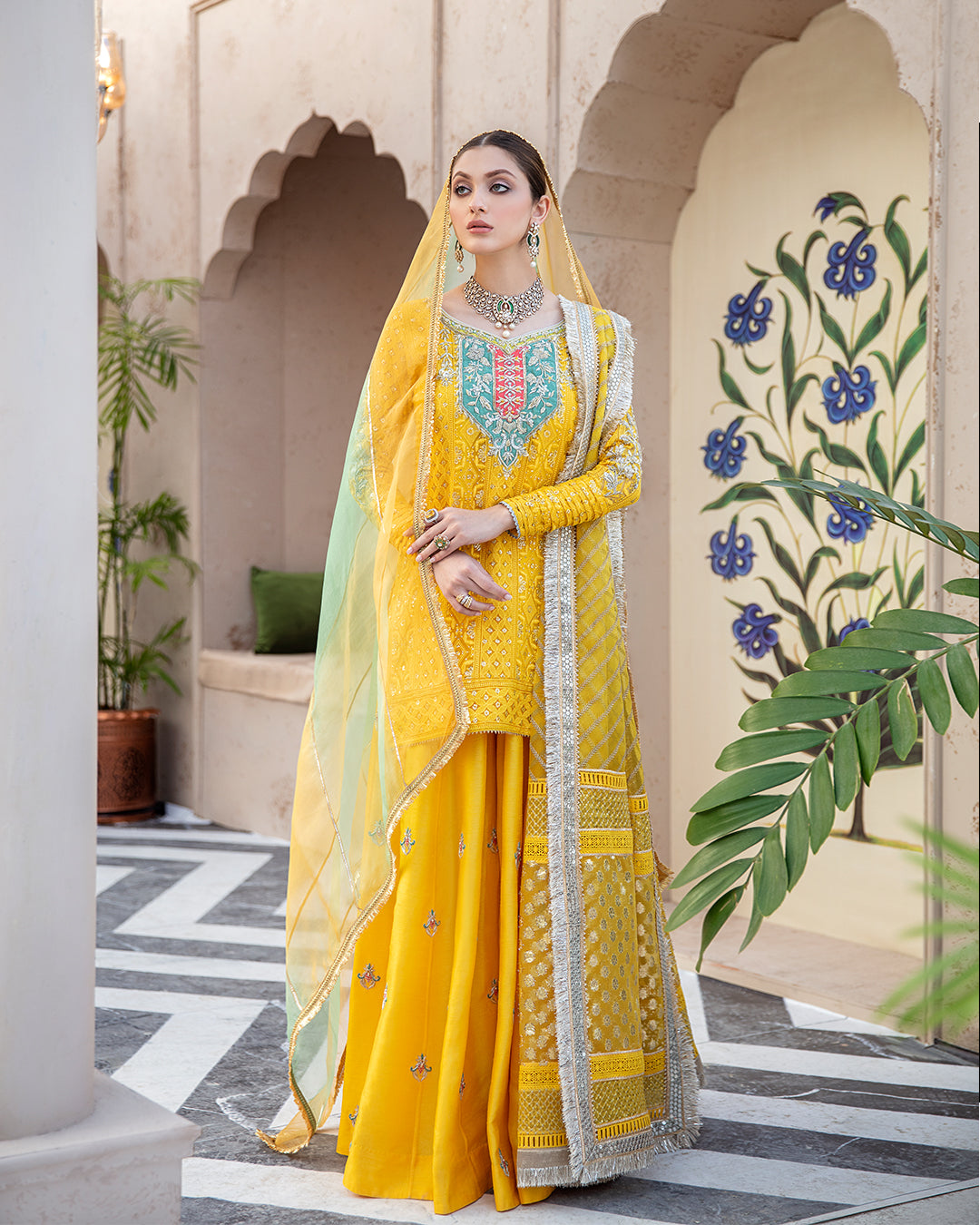 Bright Yellow Chikankari Chiffon Sharara (3-Piece) - Image 1